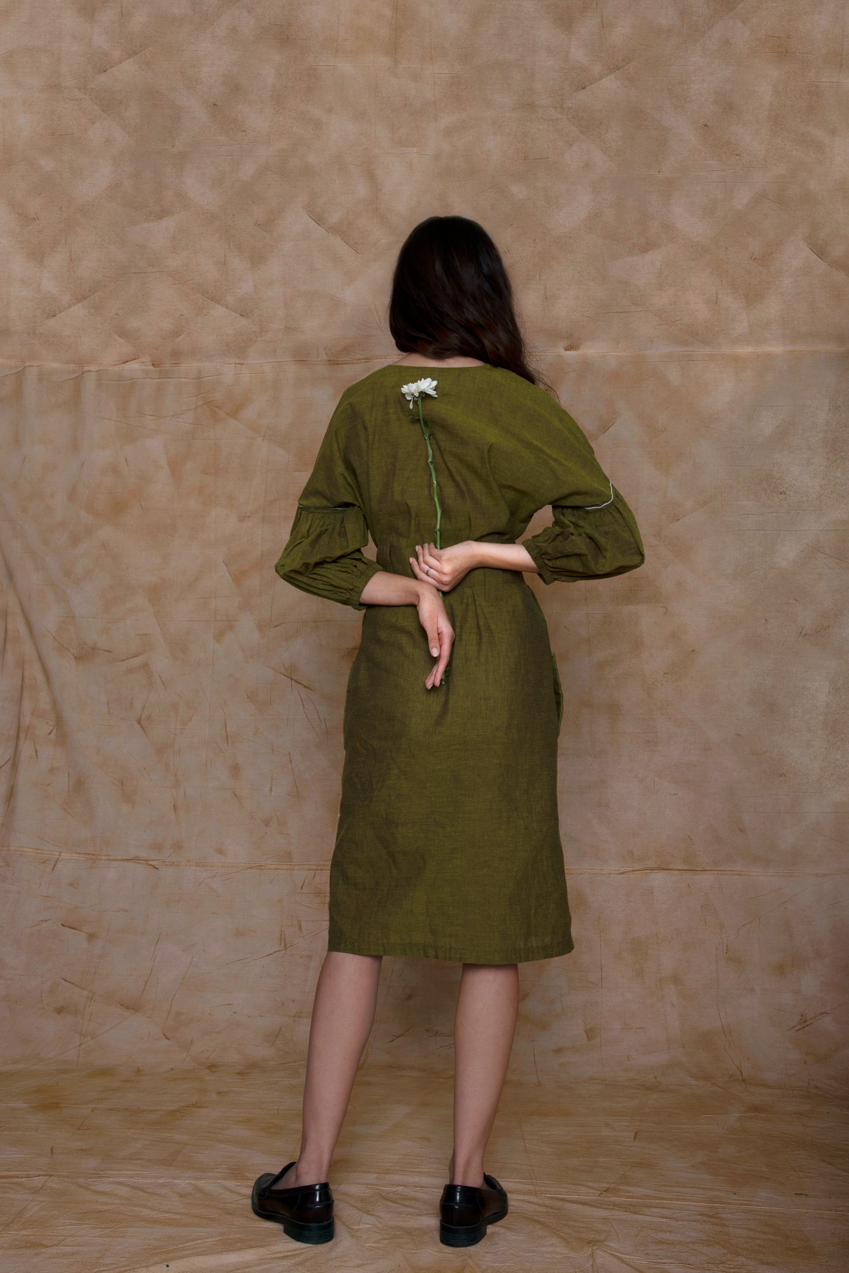 Green Embroidered Midi Dress by Anushé Pirani with Embroidered, Green, Handwoven Cotton, July Sale, July Sale 2023, Midi Dresses, Natural, Ocean of Stories, Office Wear, sale anushe pirani, Short Dresses, Solids, Womenswear at Kamakhyaa for sustainable fashion