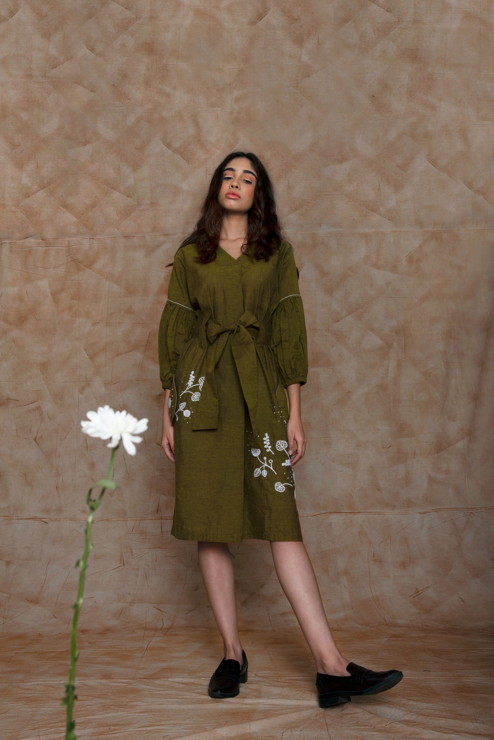 Green Embroidered Midi Dress Embroidered, Green, Handwoven Cotton, Midi Dresses, Natural, Ocean of Stories, Office Wear, sale anushe pirani, Short Dresses, Solids Kamakhyaa