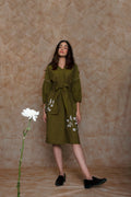 Green Embroidered Midi Dress by Anushé Pirani with Embroidered, Green, Handwoven Cotton, July Sale, July Sale 2023, Midi Dresses, Natural, Ocean of Stories, Office Wear, sale anushe pirani, Short Dresses, Solids, Womenswear at Kamakhyaa for sustainable fashion