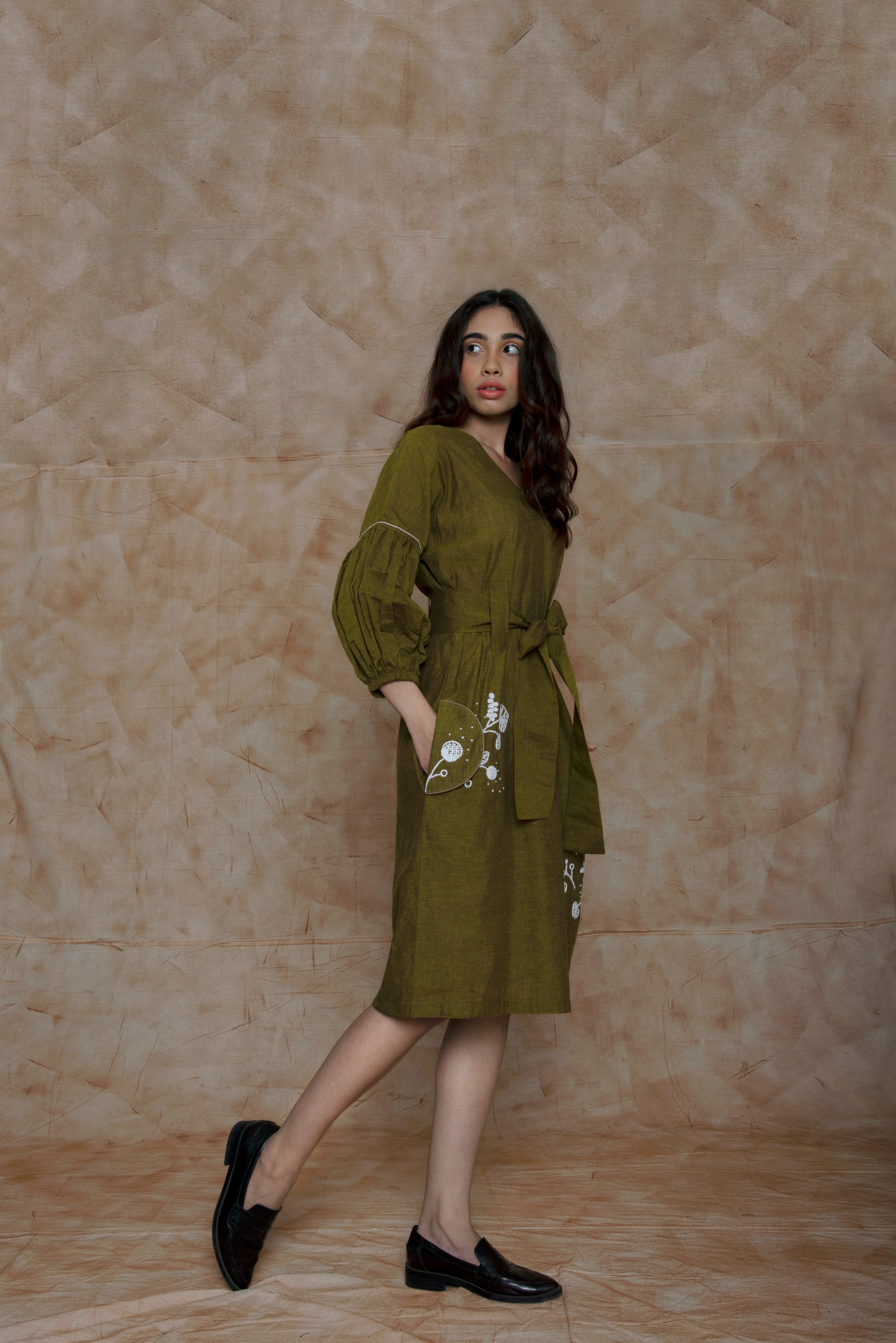 Green Embroidered Midi Dress by Anushé Pirani with Embroidered, Green, Handwoven Cotton, July Sale, July Sale 2023, Midi Dresses, Natural, Ocean of Stories, Office Wear, sale anushe pirani, Short Dresses, Solids, Womenswear at Kamakhyaa for sustainable fashion