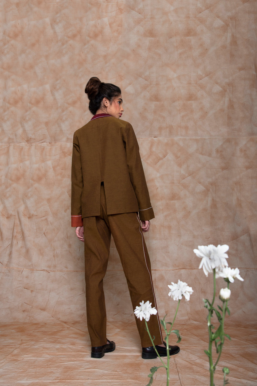 Brown Custom Jacket by Anushé Pirani with Brown, Embroidered, fall, Handwoven Cotton, Jackets, July Sale, July Sale 2023, Natural, Ocean of Stories, Office Wear, Relaxed Fit, sale anushe pirani, Womenswear at Kamakhyaa for sustainable fashion