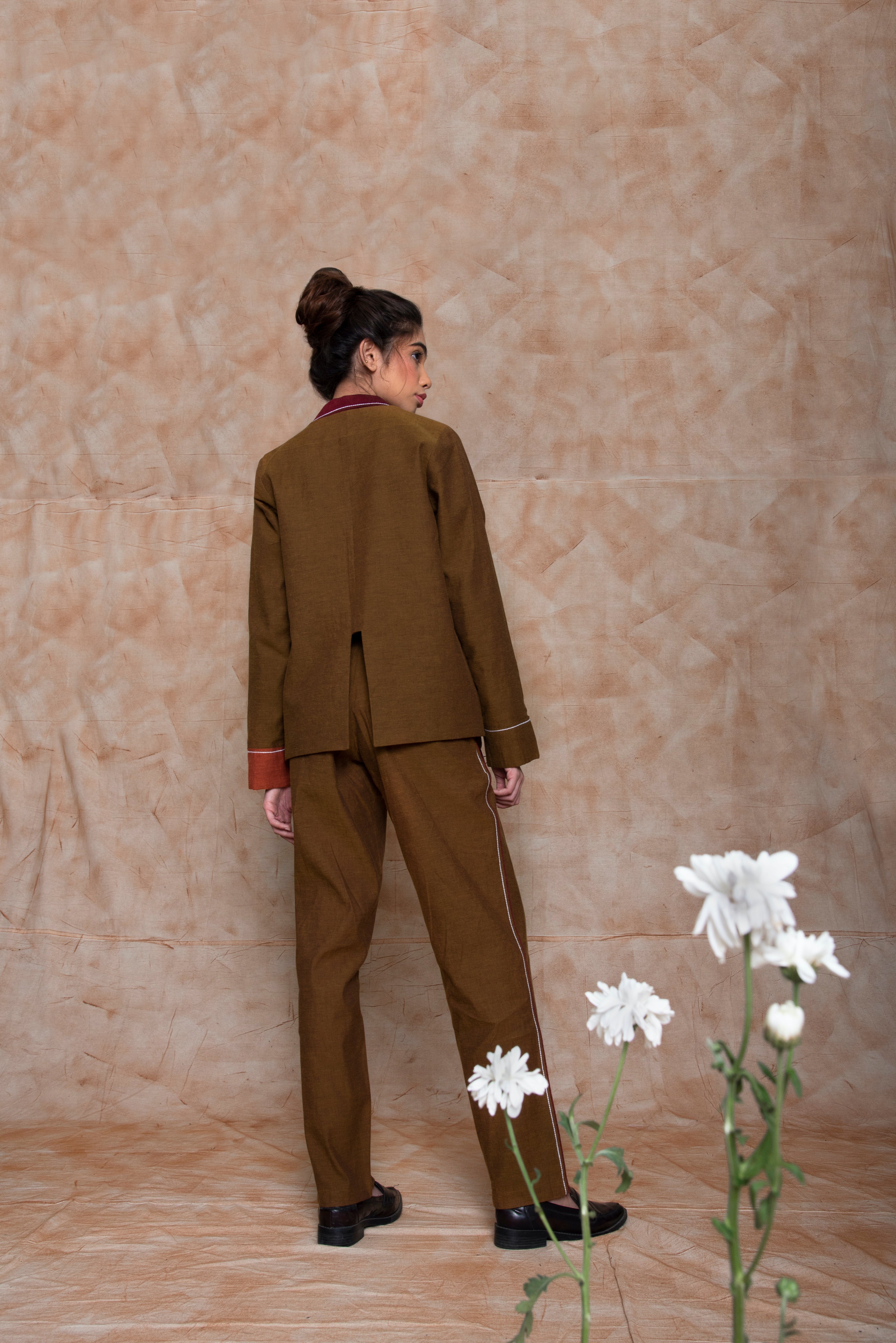 Brown Custom Jacket by Anushé Pirani with Brown, Embroidered, fall, Handwoven Cotton, Jackets, July Sale, July Sale 2023, Natural, Ocean of Stories, Office Wear, Relaxed Fit, sale anushe pirani, Womenswear at Kamakhyaa for sustainable fashion