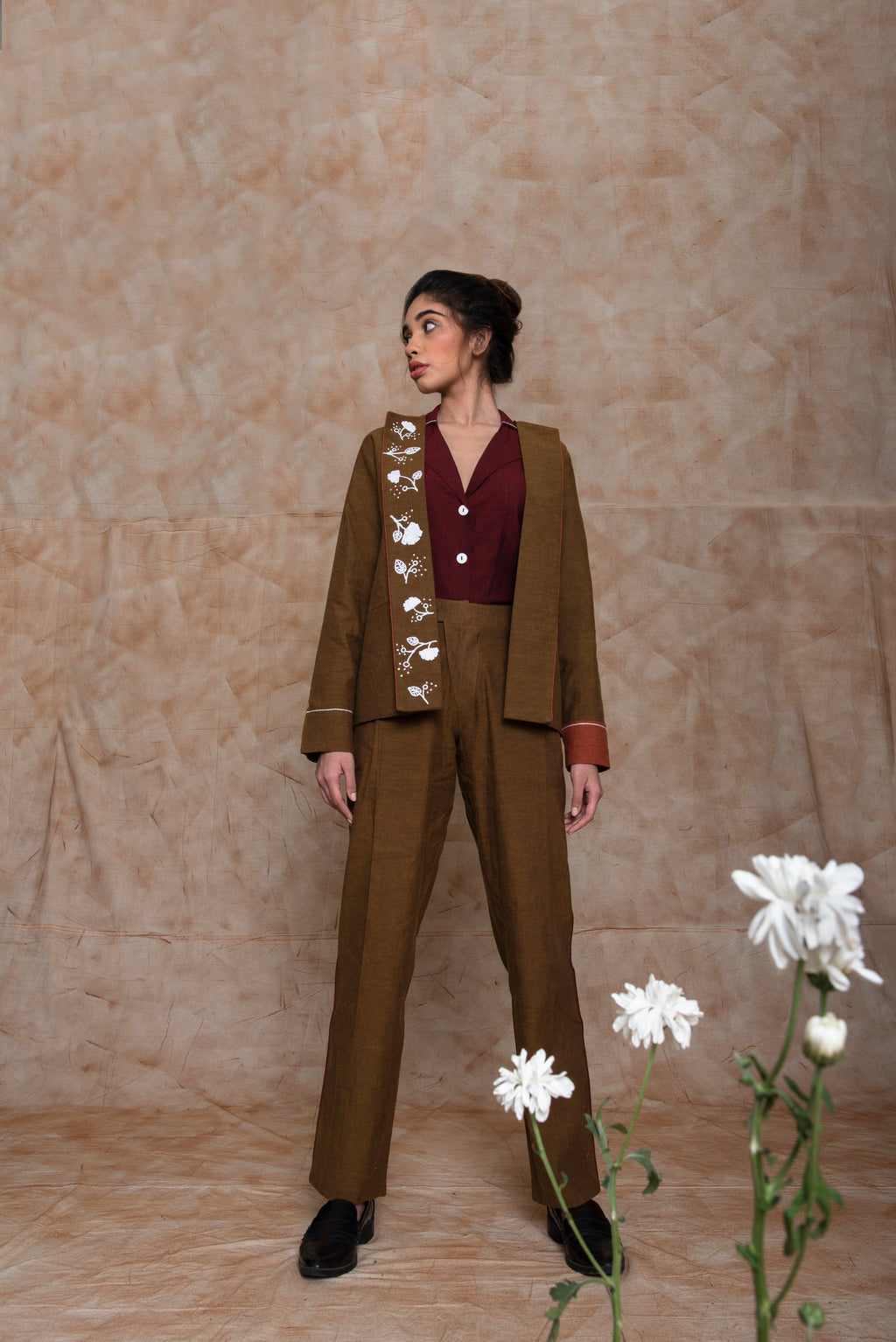 Brown Custom Jacket by Anushé Pirani with Brown, Embroidered, fall, Handwoven Cotton, Jackets, July Sale, July Sale 2023, Natural, Ocean of Stories, Office Wear, Relaxed Fit, sale anushe pirani, Womenswear at Kamakhyaa for sustainable fashion