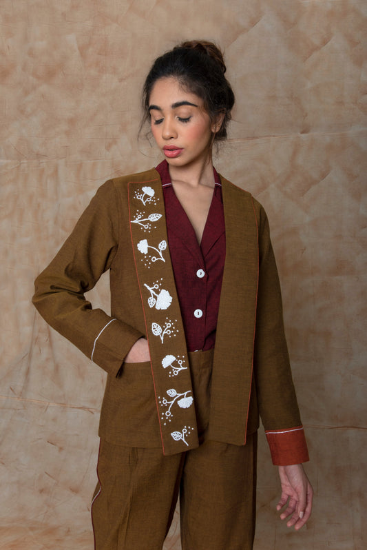 Brown Custom Jacket by Anushé Pirani with Brown, Embroidered, fall, Handwoven Cotton, Jackets, July Sale, July Sale 2023, Natural, Ocean of Stories, Office Wear, Relaxed Fit, sale anushe pirani, Womenswear at Kamakhyaa for sustainable fashion