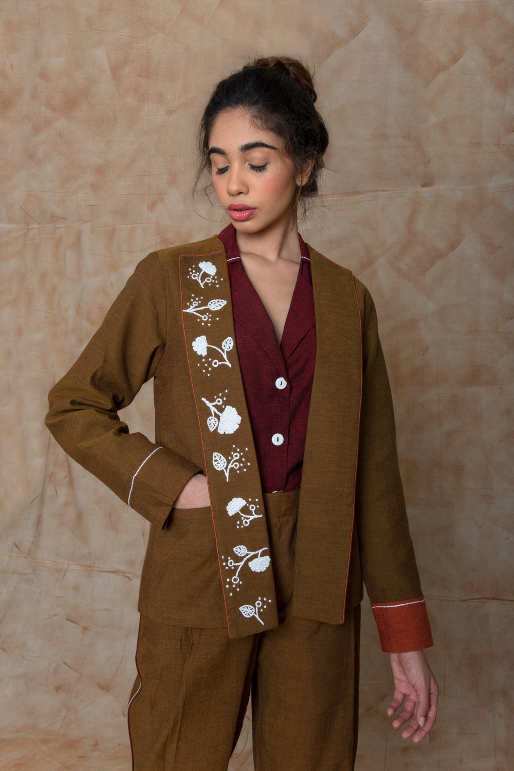 Brown Custom Jacket by Anushé Pirani with Brown, Embroidered, fall, Handwoven Cotton, Jackets, July Sale, July Sale 2023, Natural, Ocean of Stories, Office Wear, Relaxed Fit, sale anushe pirani, Womenswear at Kamakhyaa for sustainable fashion