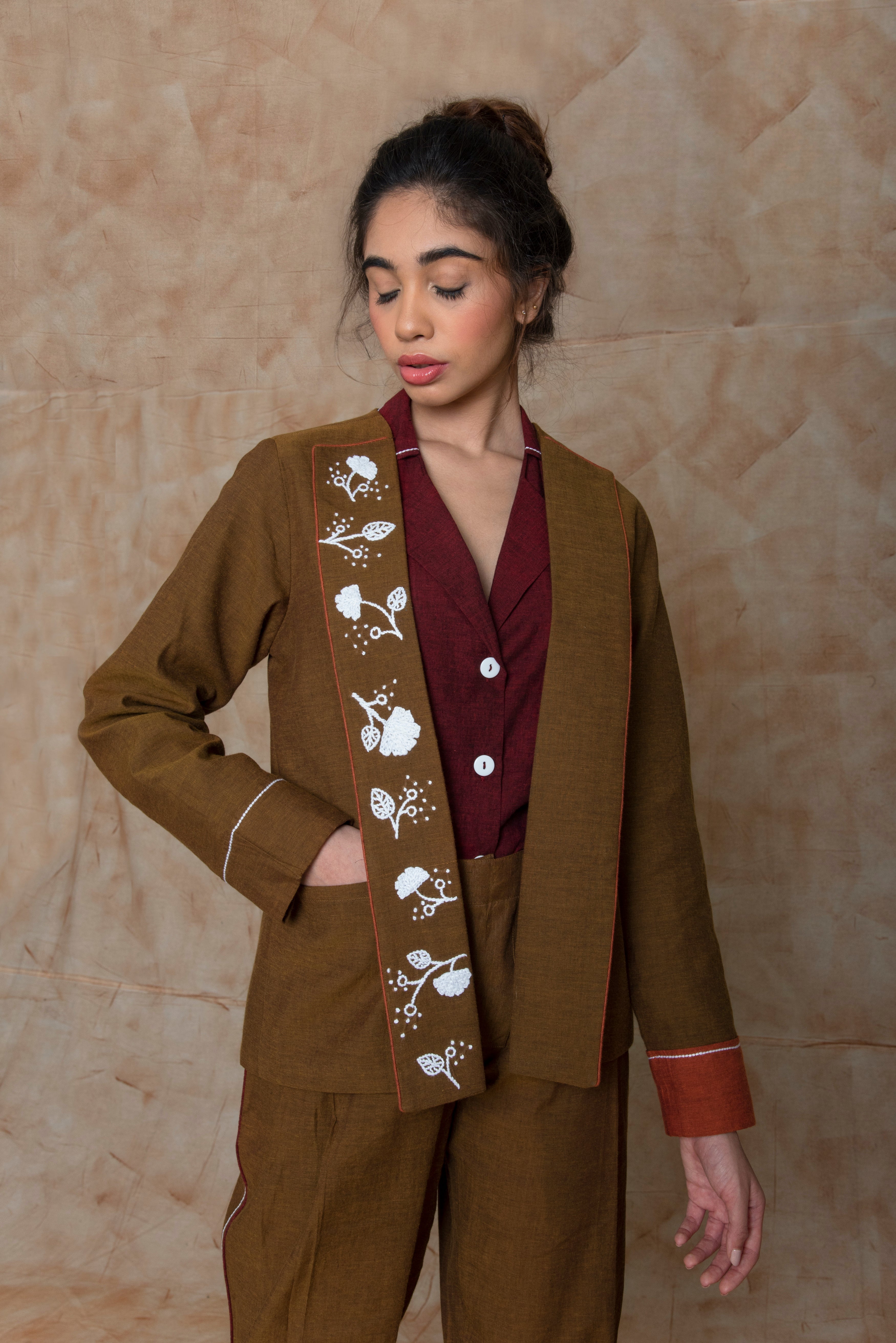 Brown Custom Jacket by Anushé Pirani with Brown, Embroidered, fall, Handwoven Cotton, Jackets, July Sale, July Sale 2023, Natural, Ocean of Stories, Office Wear, Relaxed Fit, sale anushe pirani, Womenswear at Kamakhyaa for sustainable fashion