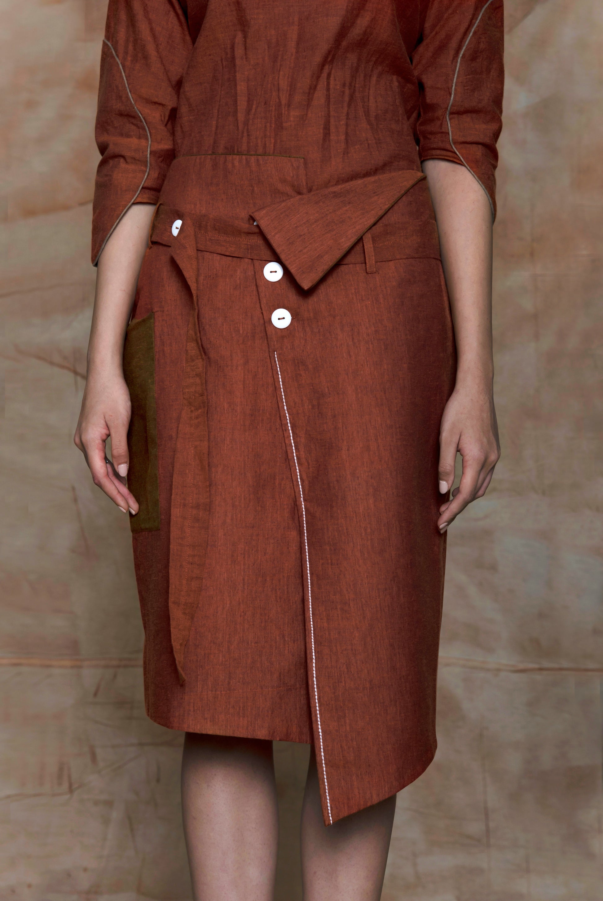 Brown Midi Skirt by Anushé Pirani with Brown, fall, Handwoven Cotton, July Sale, July Sale 2023, Mini Skirts, Natural, Ocean of Stories, Office Wear, Regular Fit, sale anushe pirani, Skirts, Solids, Womenswear at Kamakhyaa for sustainable fashion