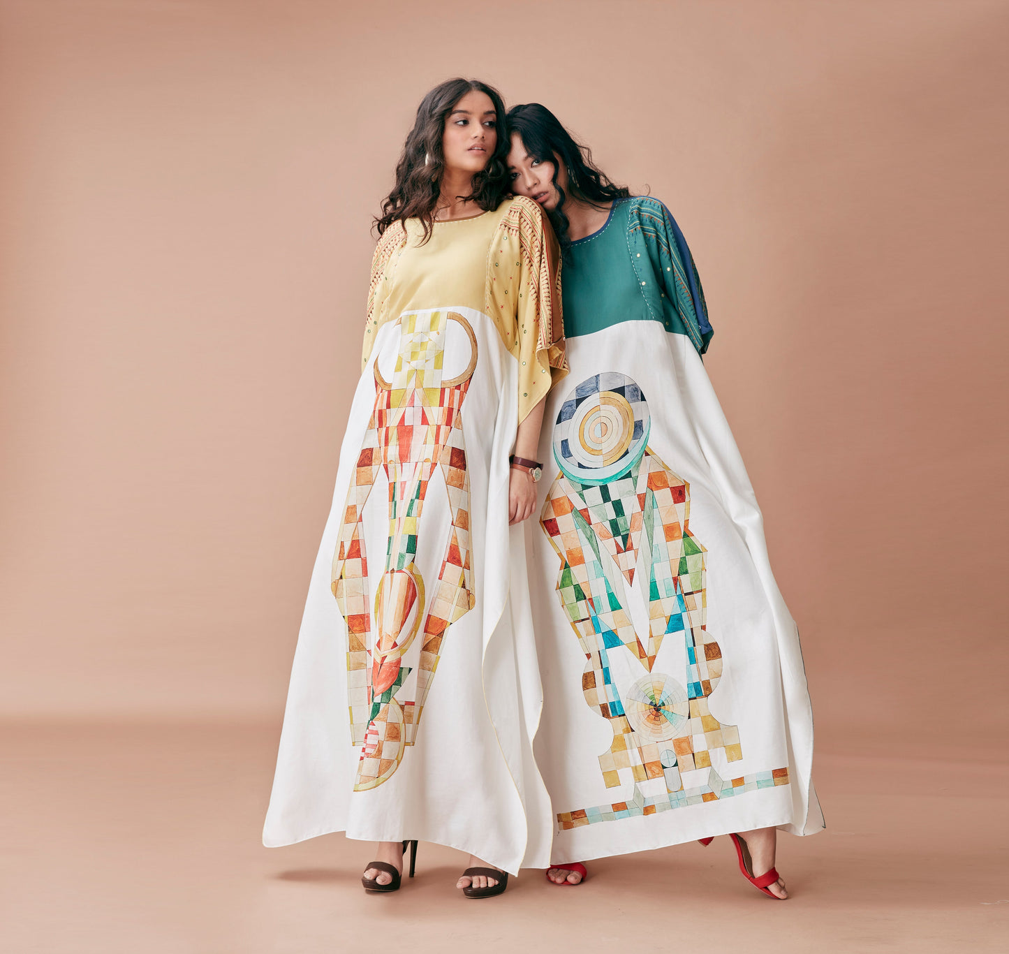 White Printed Kaftan by Dan Ba with Cotton, July Sale, July Sale 2023, Kaftans, Maxi Dresses, Natural, Prints, Relaxed Fit, Resort Wear, White, Womenswear, Yellow at Kamakhyaa for sustainable fashion