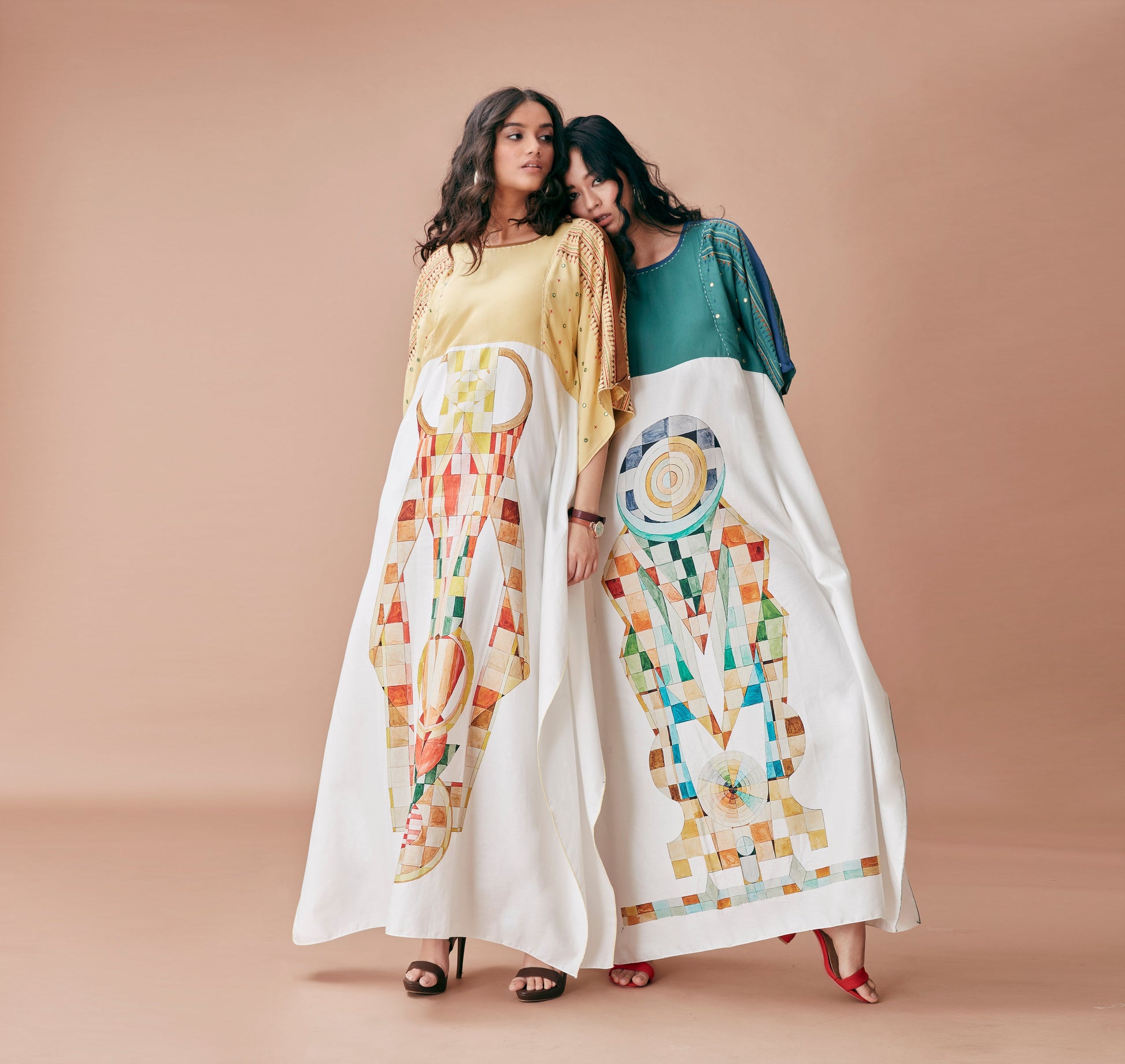 White Printed Kaftan by Dan Ba with Cotton, July Sale, July Sale 2023, Kaftans, Maxi Dresses, Natural, Prints, Relaxed Fit, Resort Wear, White, Womenswear, Yellow at Kamakhyaa for sustainable fashion