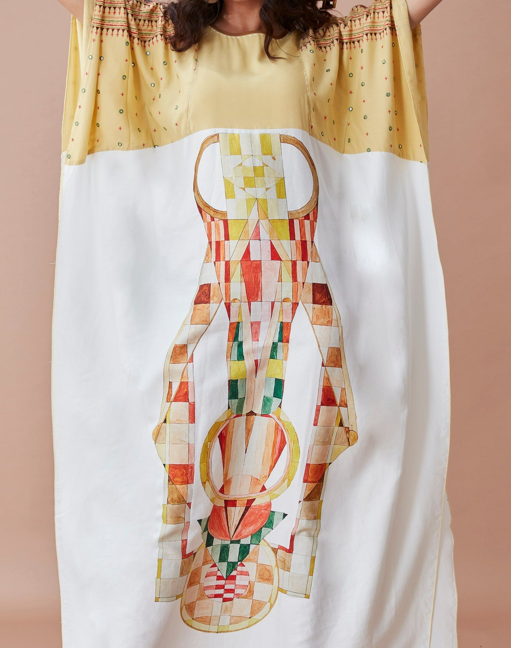 White Printed Kaftan Dresses Cotton, Natural, Prints, Relaxed Fit, White, Yellow Dan Ba Kamakhyaa