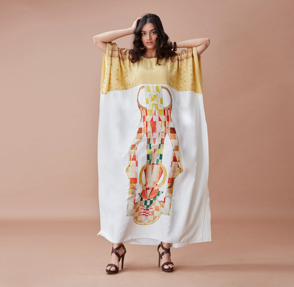 White Printed Kaftan by Dan Ba with Cotton, July Sale, July Sale 2023, Kaftans, Maxi Dresses, Natural, Prints, Relaxed Fit, Resort Wear, White, Womenswear, Yellow at Kamakhyaa for sustainable fashion