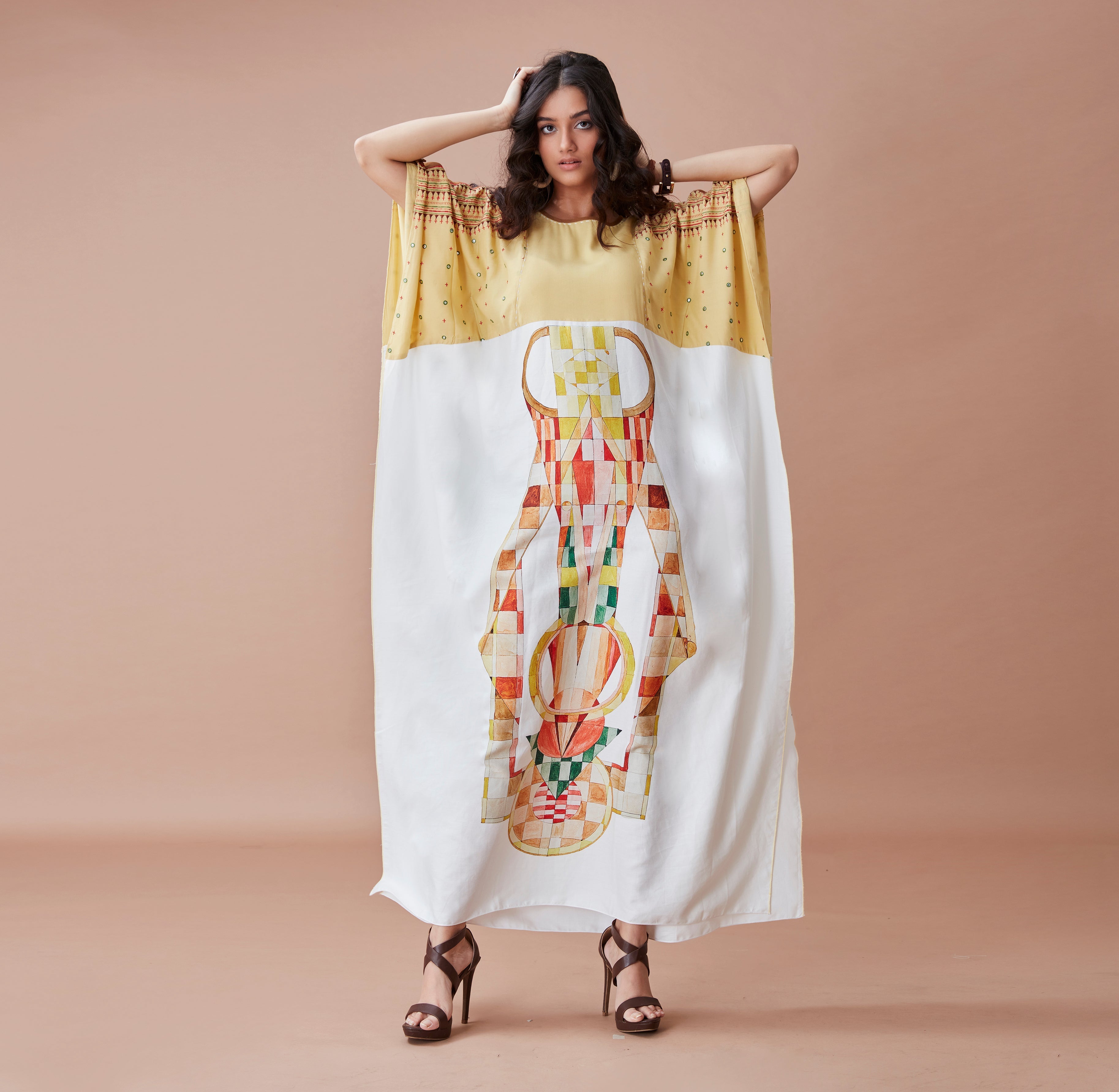 White Printed Kaftan by Dan Ba with Cotton, July Sale, July Sale 2023, Kaftans, Maxi Dresses, Natural, Prints, Relaxed Fit, Resort Wear, White, Womenswear, Yellow at Kamakhyaa for sustainable fashion