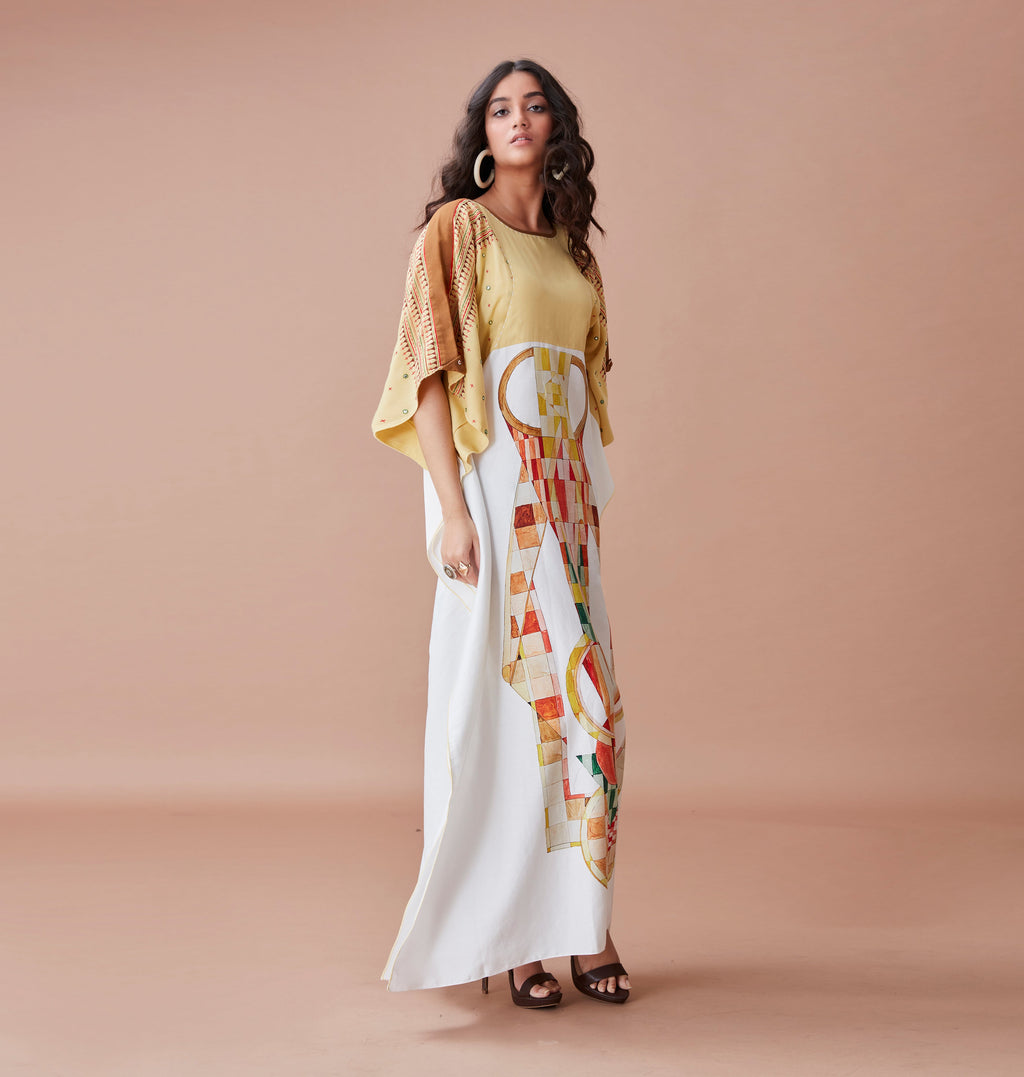 White Printed Kaftan by Dan Ba with Cotton, July Sale, July Sale 2023, Kaftans, Maxi Dresses, Natural, Prints, Relaxed Fit, Resort Wear, White, Womenswear, Yellow at Kamakhyaa for sustainable fashion
