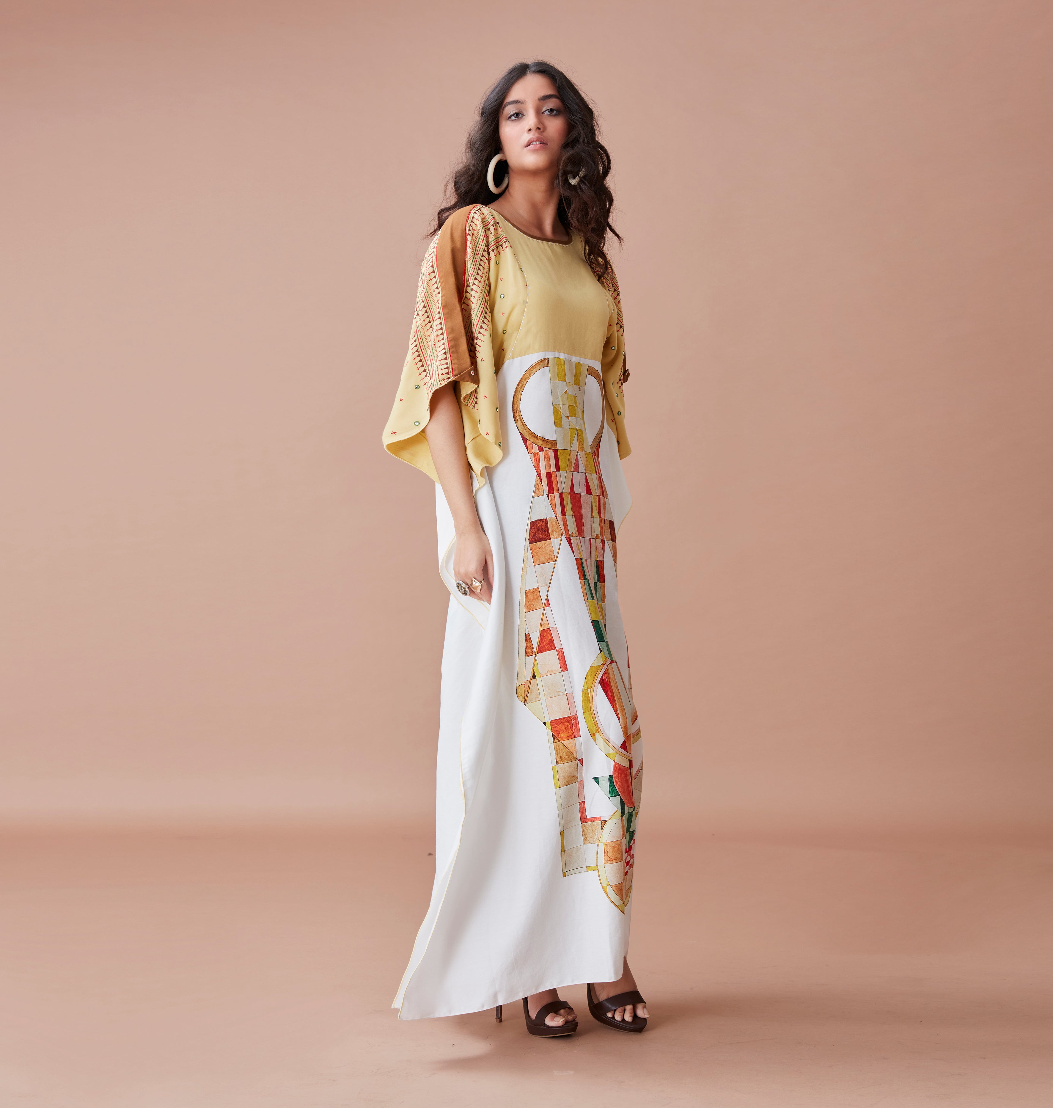 White Printed Kaftan by Dan Ba with Cotton, July Sale, July Sale 2023, Kaftans, Maxi Dresses, Natural, Prints, Relaxed Fit, Resort Wear, White, Womenswear, Yellow at Kamakhyaa for sustainable fashion