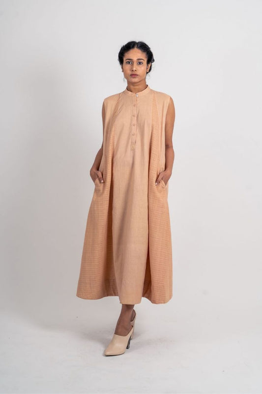 Beige Cotton Textured Dress by Ahmev with Broken Book by Ahmev, Brown, Casual Wear, Fall, Handloom Cotton, July Sale, July Sale 2023, Midi Dresses, Natural, Relaxed Fit, Short Dresses, Sleeveless Dresses, Textured, Womenswear at Kamakhyaa for sustainable fashion