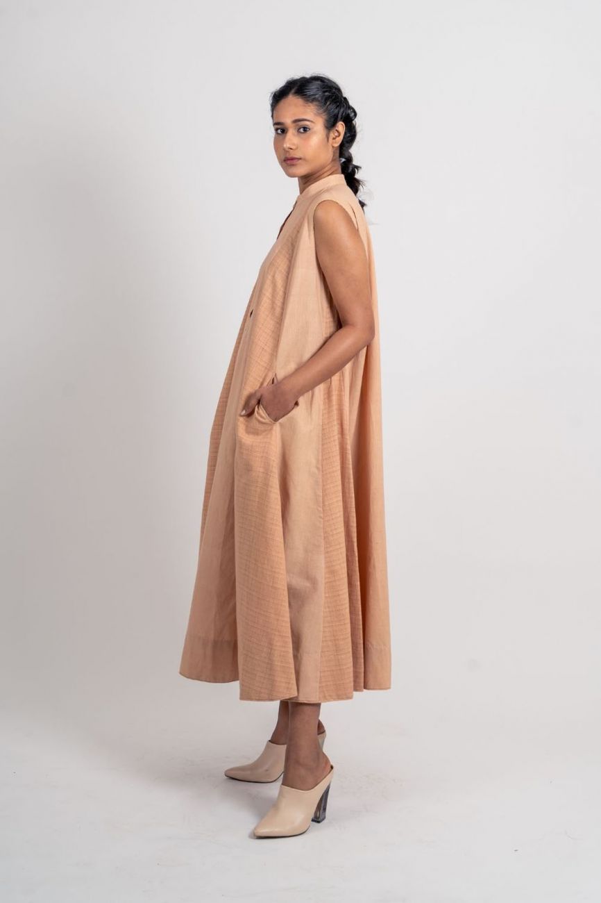 Beige Cotton Textured Dress by Ahmev with Broken Book by Ahmev, Brown, Casual Wear, Fall, Handloom Cotton, July Sale, July Sale 2023, Midi Dresses, Natural, Relaxed Fit, Short Dresses, Sleeveless Dresses, Textured, Womenswear at Kamakhyaa for sustainable fashion