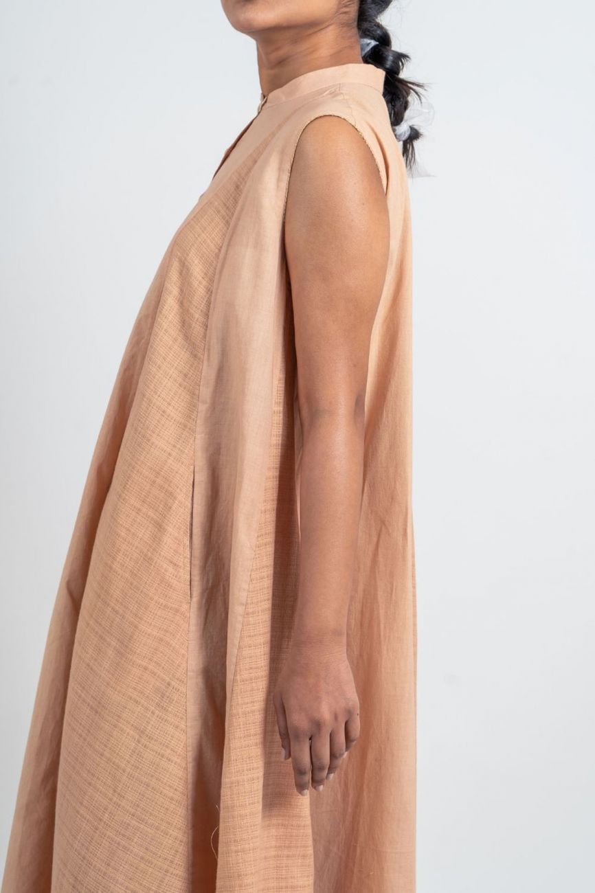 Beige Cotton Textured Dress by Ahmev with Broken Book by Ahmev, Brown, Casual Wear, Fall, Handloom Cotton, July Sale, July Sale 2023, Midi Dresses, Natural, Relaxed Fit, Short Dresses, Sleeveless Dresses, Textured, Womenswear at Kamakhyaa for sustainable fashion