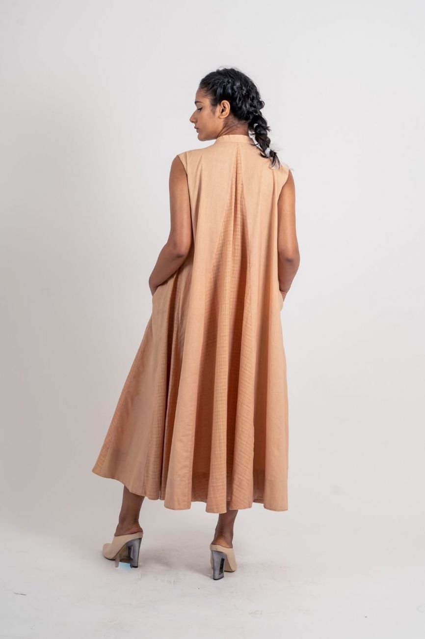 Beige Cotton Textured Dress by Ahmev with Broken Book by Ahmev, Brown, Casual Wear, Fall, Handloom Cotton, July Sale, July Sale 2023, Midi Dresses, Natural, Relaxed Fit, Short Dresses, Sleeveless Dresses, Textured, Womenswear at Kamakhyaa for sustainable fashion