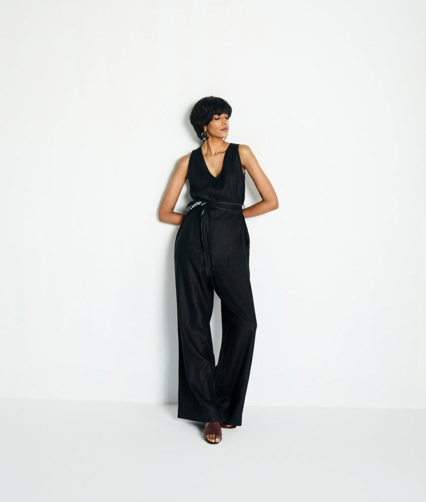 All Around the World Jumpsuit by Reistor with Black, Hemp, Hemp Noir by Reistor, Jumpsuits, Natural, Office Wear, Regular Fit, Solids, Womenswear at Kamakhyaa for sustainable fashion