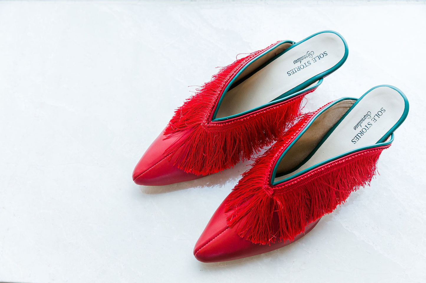 ALL RED FRINGE MULES Footwear Basics Edit- Chapter II, Faux Leather, Handcrafted, Heels, Red, Relaxed Fit, Solids, Vegan SOLE STORIES Kamakhyaa