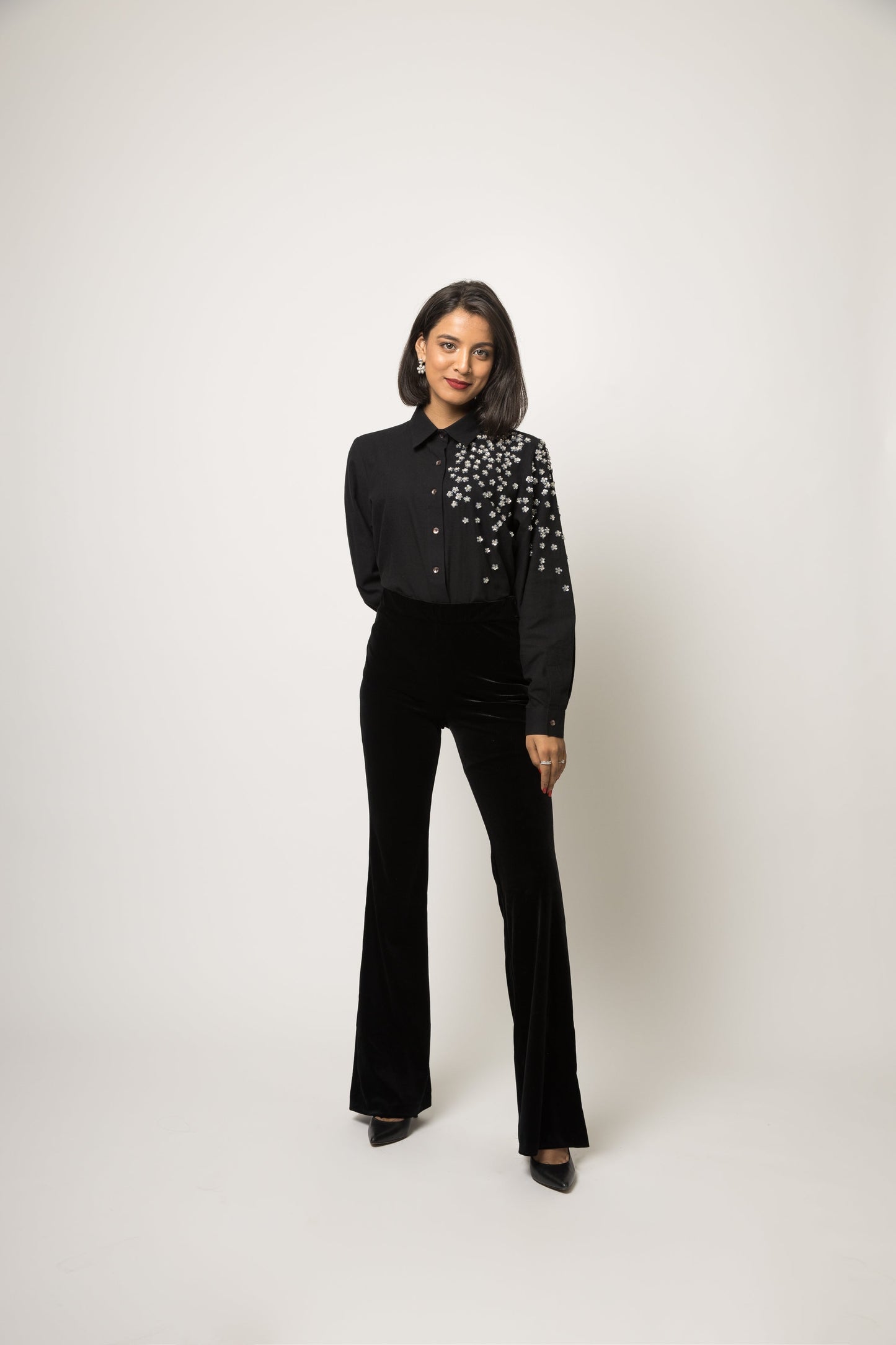 Floral Sparkle Shirt by Anushé Pirani with 100% pure cotton, Black, Embellished, Handwoven cotton, Party Wear, Shirts, The Festive Edit, The Festive Edit by Anushe Pirani, Womenswear at Kamakhyaa for sustainable fashion