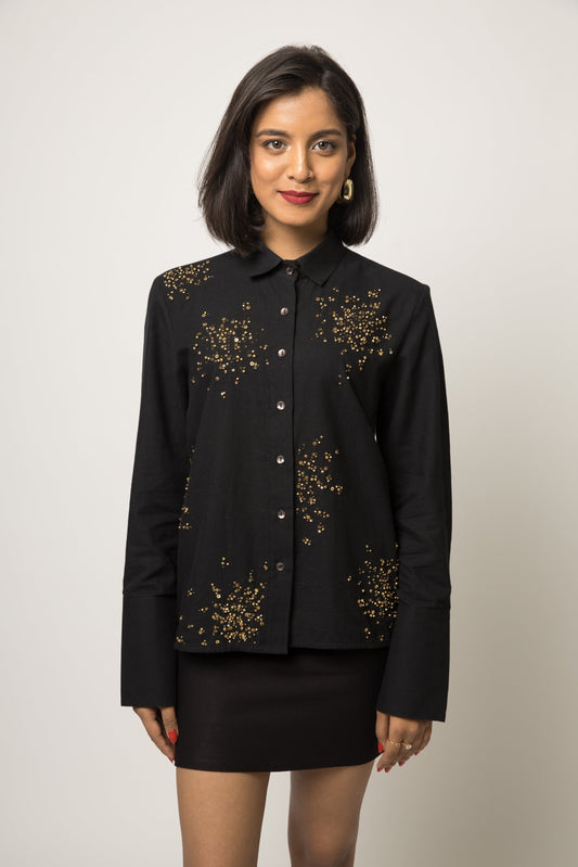 Black Embellished Cotton Shirt by Anushé Pirani with 100% pure cotton, Black, Embellished, Handwoven cotton, Party Wear, Shirts, The Festive Edit, The Festive Edit by Anushe Pirani, Womenswear at Kamakhyaa for sustainable fashion