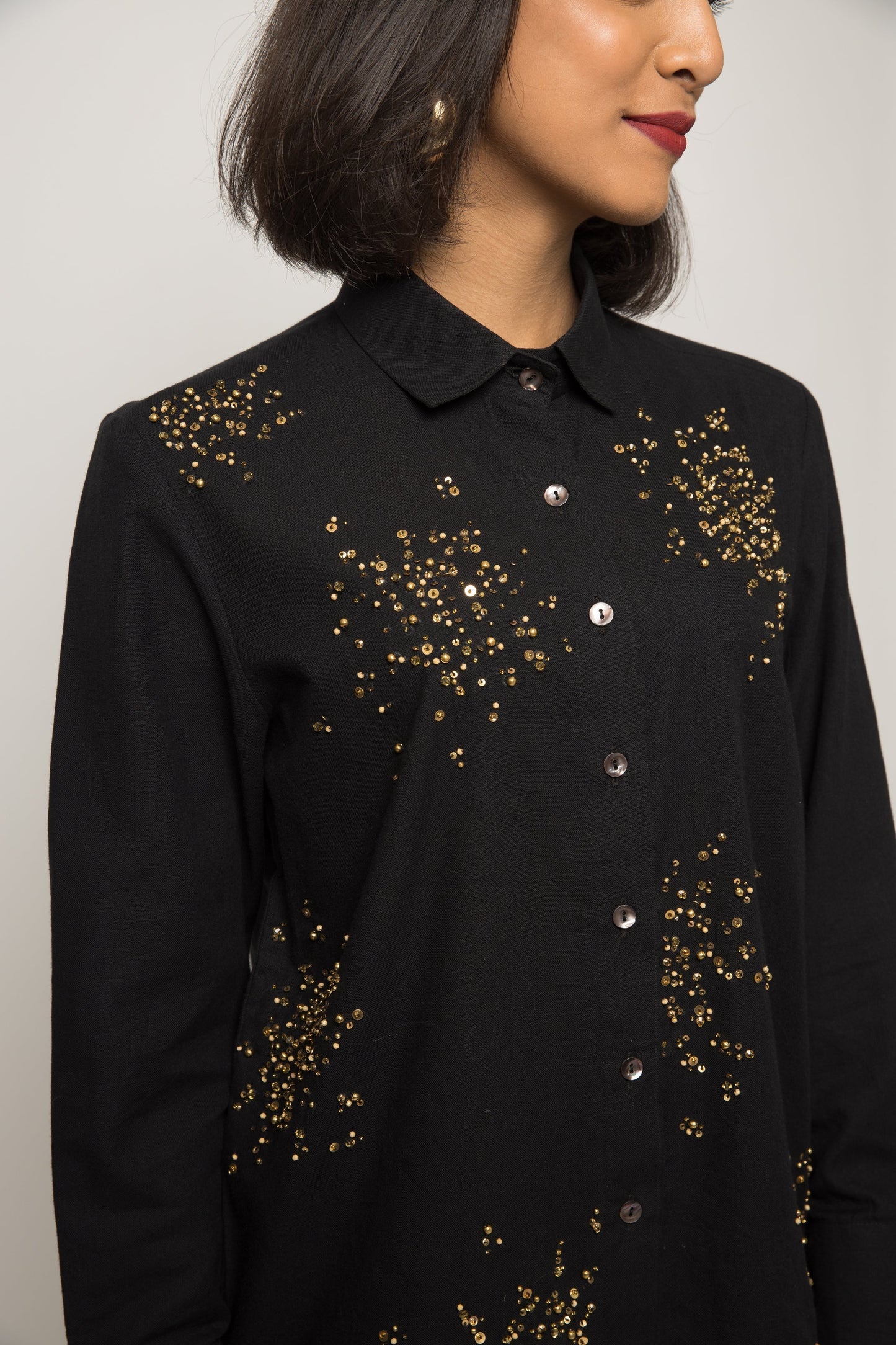 Black Embellished Cotton Shirt by Anushé Pirani with 100% pure cotton, Black, Embellished, Handwoven cotton, Party Wear, Shirts, The Festive Edit, The Festive Edit by Anushe Pirani, Womenswear at Kamakhyaa for sustainable fashion