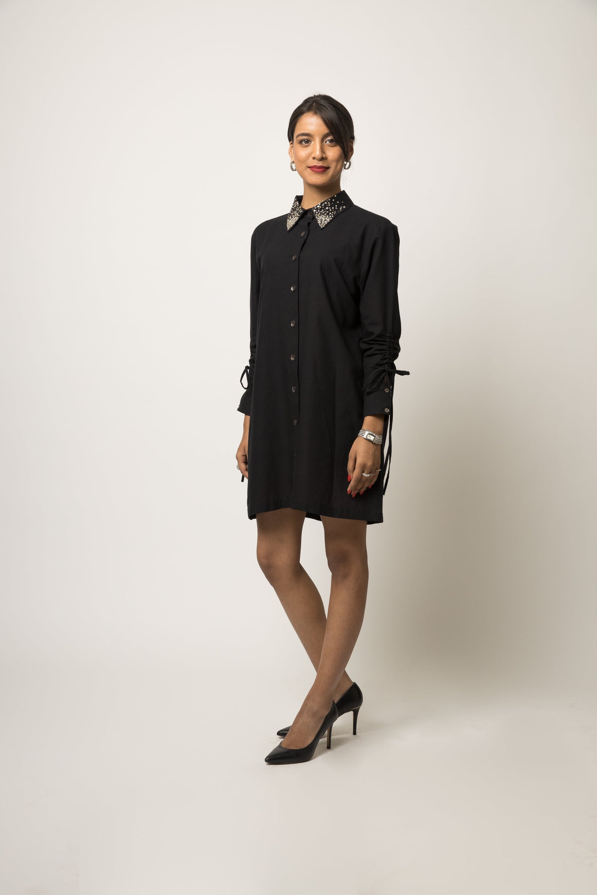Embellished Collar Shirt Dress by Anushé Pirani with 100% Cotton, Black, Casual Wear, Embellished, Handwoven cotton, Shirt Dresses, Solids, The Festive Edit, The Festive Edit by Anushe Pirani, Womenswear at Kamakhyaa for sustainable fashion