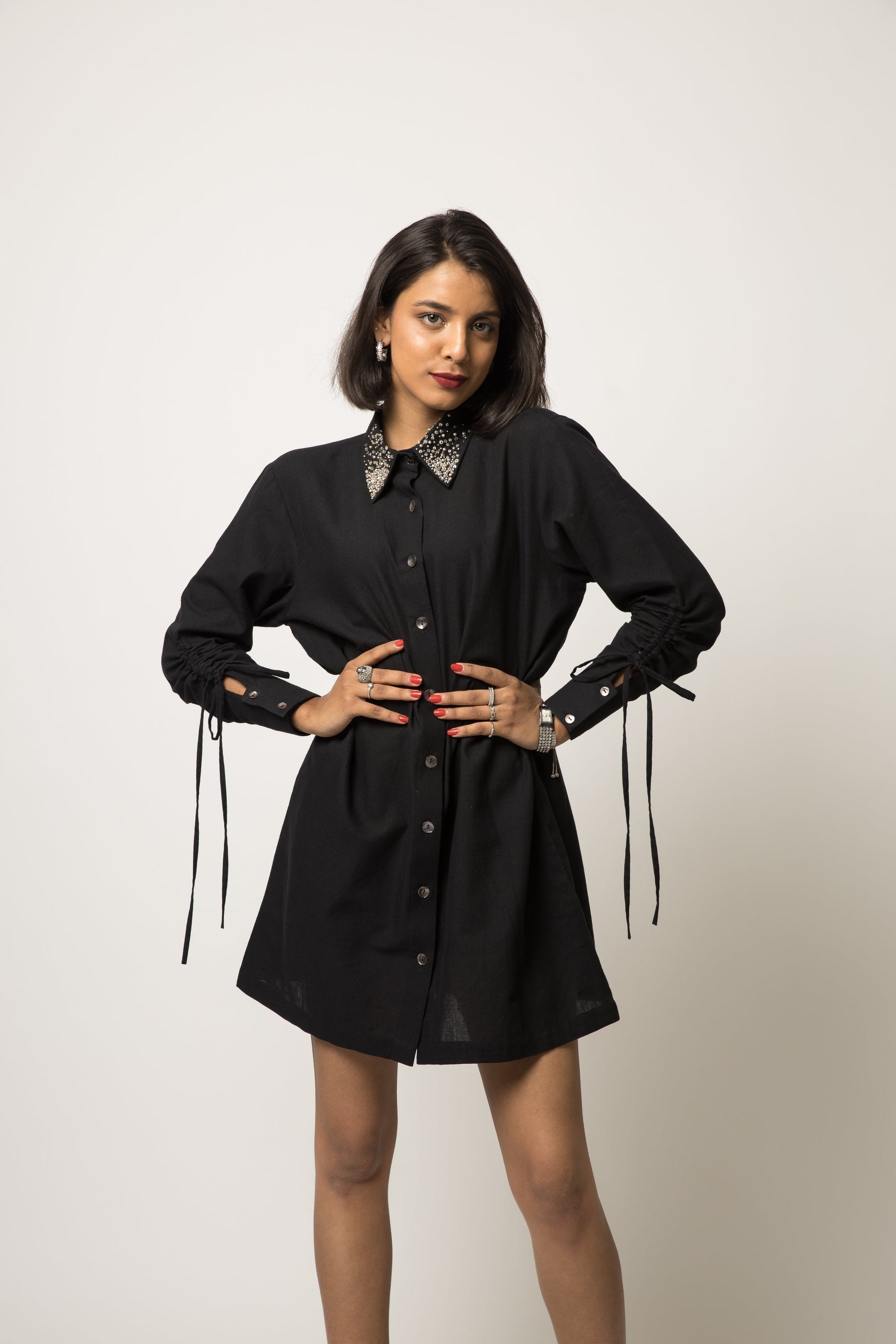 Embellished Collar Shirt Dress by Anushé Pirani with 100% Cotton, Black, Casual Wear, Embellished, Handwoven cotton, Shirt Dresses, Solids, The Festive Edit, The Festive Edit by Anushe Pirani, Womenswear at Kamakhyaa for sustainable fashion