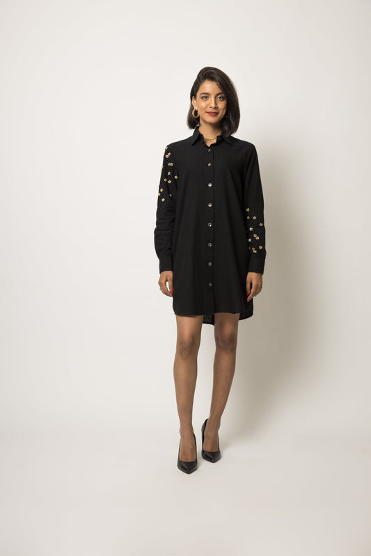 Floral Sleeves Shirt Dress by Anushé Pirani with 100% Cotton, Black, Casual Wear, Embellished, Handwoven cotton, Shirt Dresses, Solids, The Festive Edit, The Festive Edit by Anushe Pirani, Womenswear at Kamakhyaa for sustainable fashion