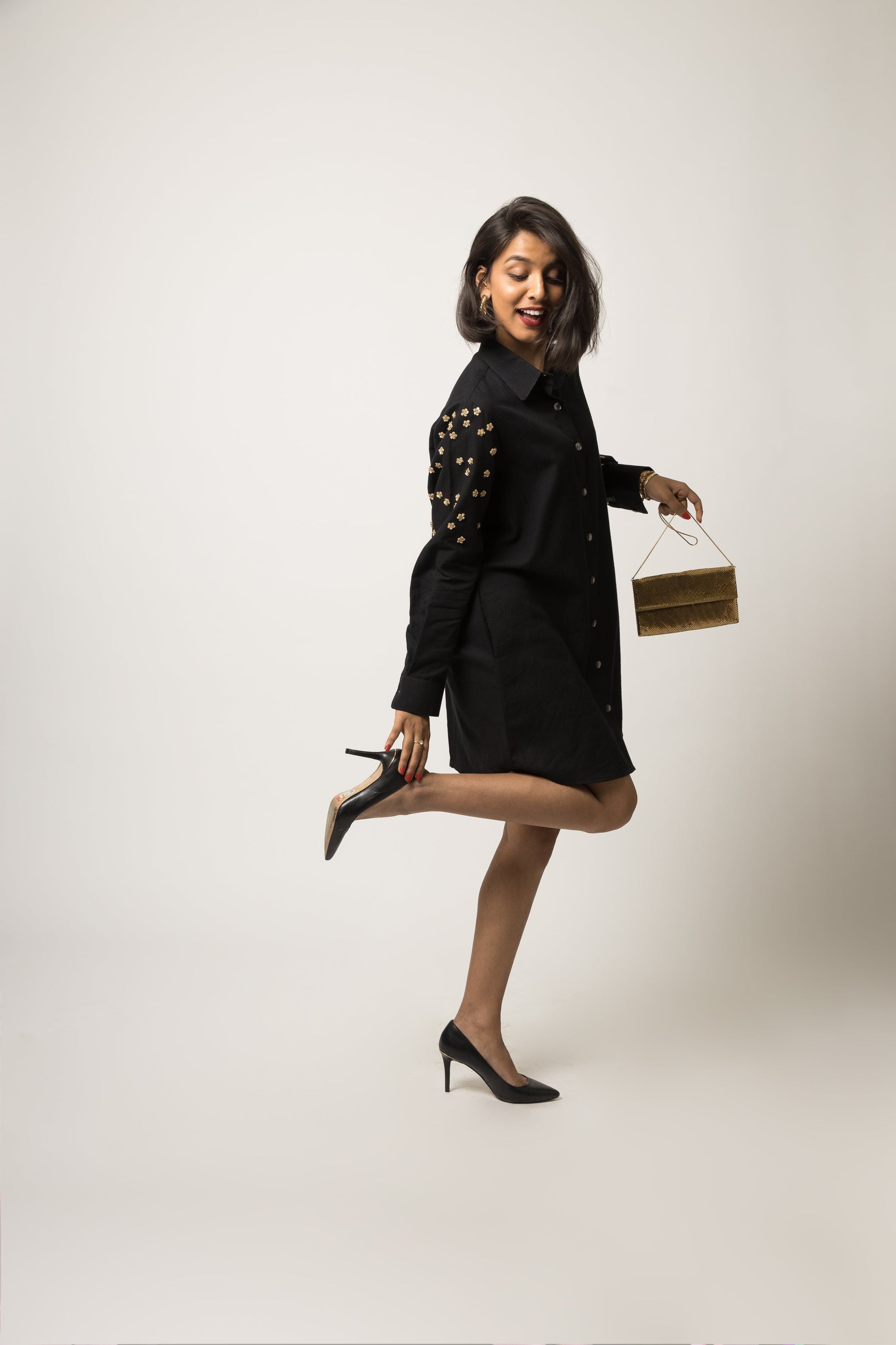 Floral Sleeves Shirt Dress by Anushé Pirani with 100% Cotton, Black, Casual Wear, Embellished, Handwoven cotton, Shirt Dresses, Solids, The Festive Edit, The Festive Edit by Anushe Pirani, Womenswear at Kamakhyaa for sustainable fashion