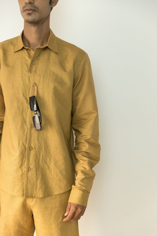 Yellow Cotton Shirt by Anushé Pirani with Best Selling, Casual Wear, Cotton, Cotton Hemp, For Him, Handwoven, Hemp, Menswear, Regular Fit, Shibumi Collection, Shirts, Solids, Tops, Yellow at Kamakhyaa for sustainable fashion