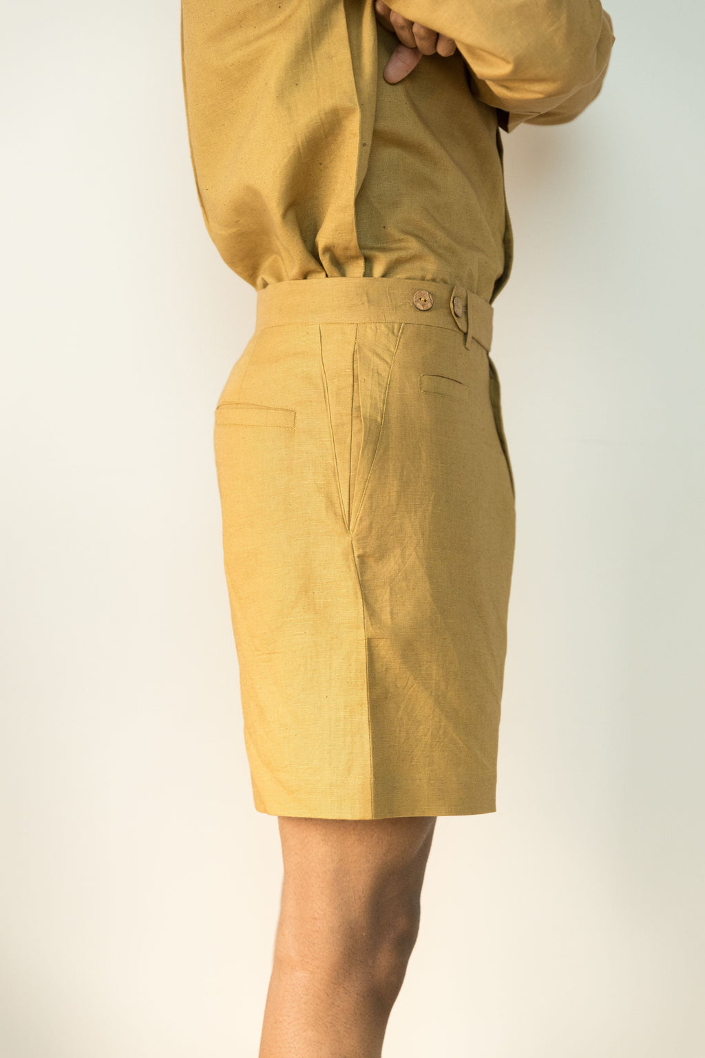 Yellow Cotton Shorts by Anushé Pirani with Casual Wear, Cotton, Cotton Hemp, For Him, For Siblings, Handwoven, Hemp, Mens Bottom, Menswear, Regular Fit, Shibumi Collection, Shorts, Solids, Yellow at Kamakhyaa for sustainable fashion