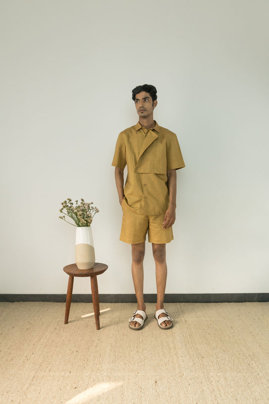 Yellow Cotton Shorts by Anushé Pirani with Casual Wear, Cotton, Cotton Hemp, For Him, For Siblings, Handwoven, Hemp, Mens Bottom, Menswear, Regular Fit, Shibumi Collection, Shorts, Solids, Yellow at Kamakhyaa for sustainable fashion