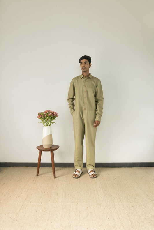 Green Cotton Jumpsuit by Anushé Pirani with Casual Wear, Cotton, Cotton Hemp, For Him, Green, Handwoven, Hemp, Jumpsuits, Menswear, Relaxed Fit, Shibumi Collection, Solids, Unisex at Kamakhyaa for sustainable fashion