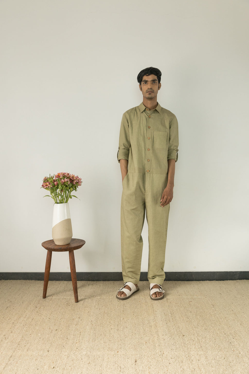 Green Cotton Jumpsuit by Anushé Pirani with Casual Wear, Cotton, Cotton Hemp, For Him, Green, Handwoven, Hemp, Jumpsuits, Menswear, Relaxed Fit, Shibumi Collection, Solids, Unisex at Kamakhyaa for sustainable fashion
