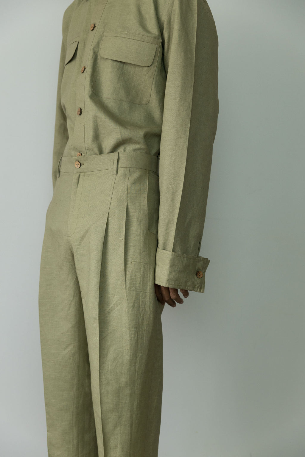 Green Casual Pants by Anushé Pirani with Casual Wear, Cotton, Cotton Hemp, For Him, Green, Handwoven, Hemp, Mens Bottom, Menswear, Pants, Relaxed Fit, Shibumi Collection, Solids at Kamakhyaa for sustainable fashion