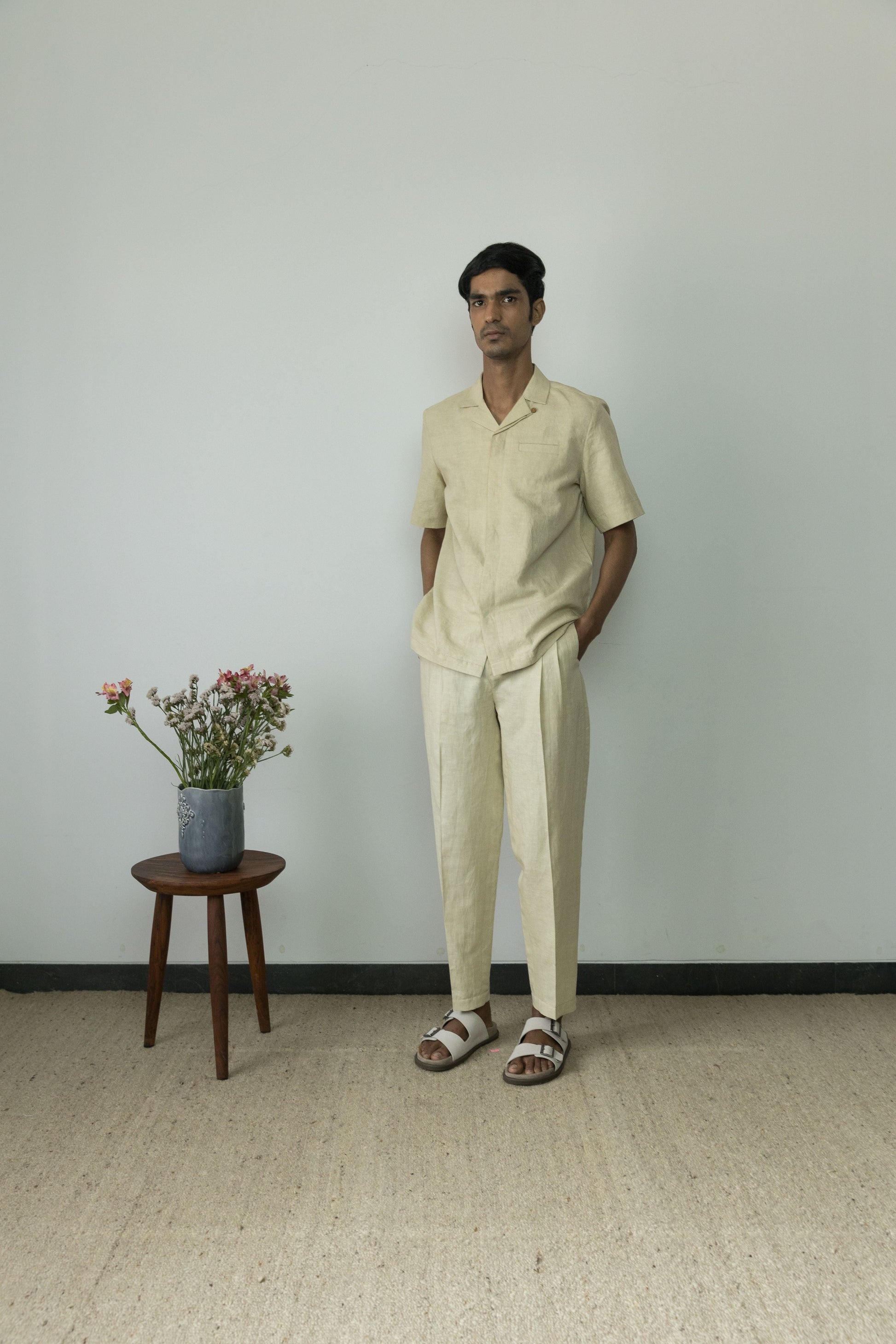 Beige Casual Pants by Anushé Pirani with Beige, Casual Wear, Cotton, Cotton Hemp, For Him, Handwoven, Hemp, Mens Bottom, Menswear, Pants, Relaxed Fit, Shibumi Collection, Solids at Kamakhyaa for sustainable fashion