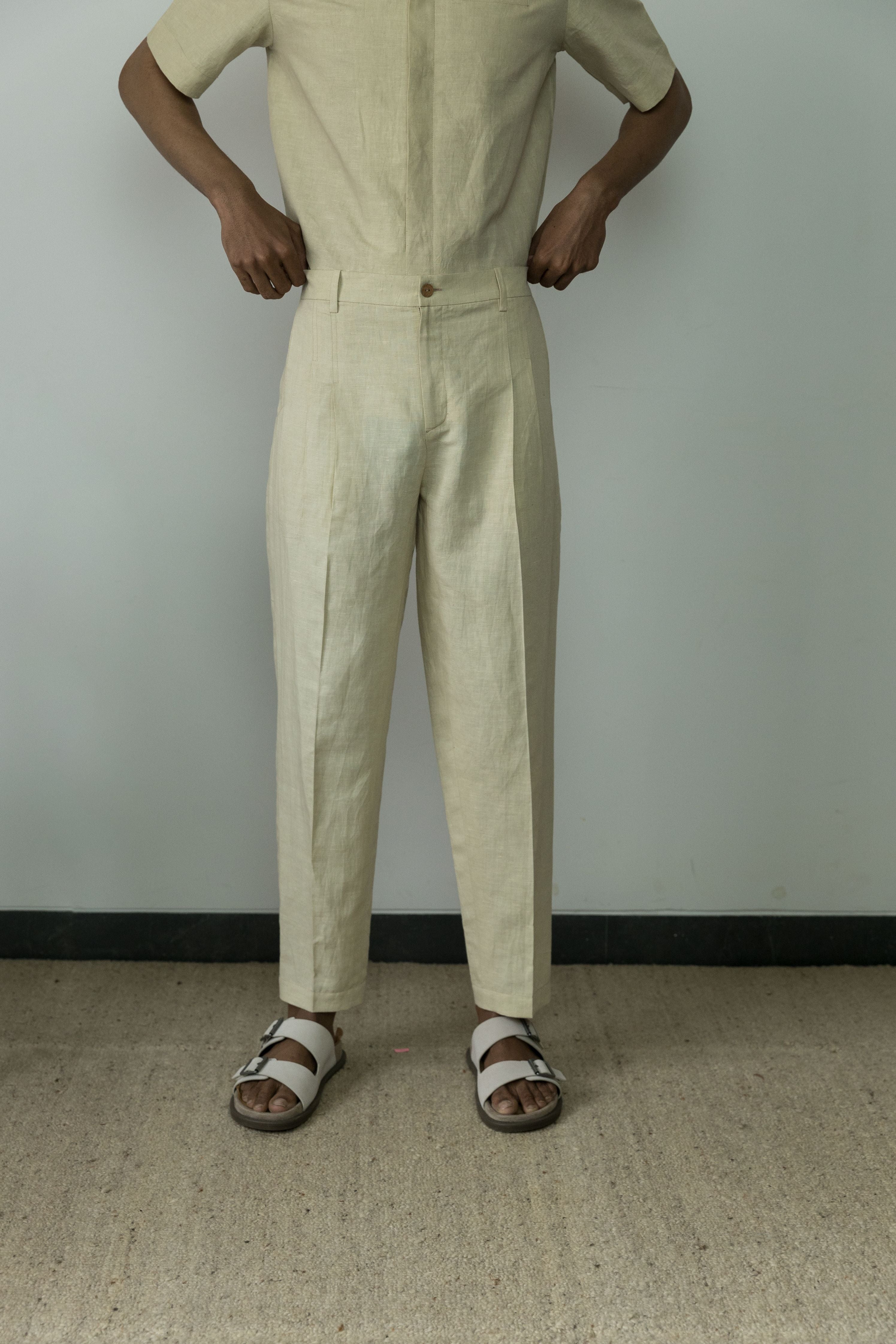 Beige Casual Pants by Anushé Pirani with Beige, Casual Wear, Cotton, Cotton Hemp, For Him, Handwoven, Hemp, Mens Bottom, Menswear, Pants, Relaxed Fit, Shibumi Collection, Solids at Kamakhyaa for sustainable fashion