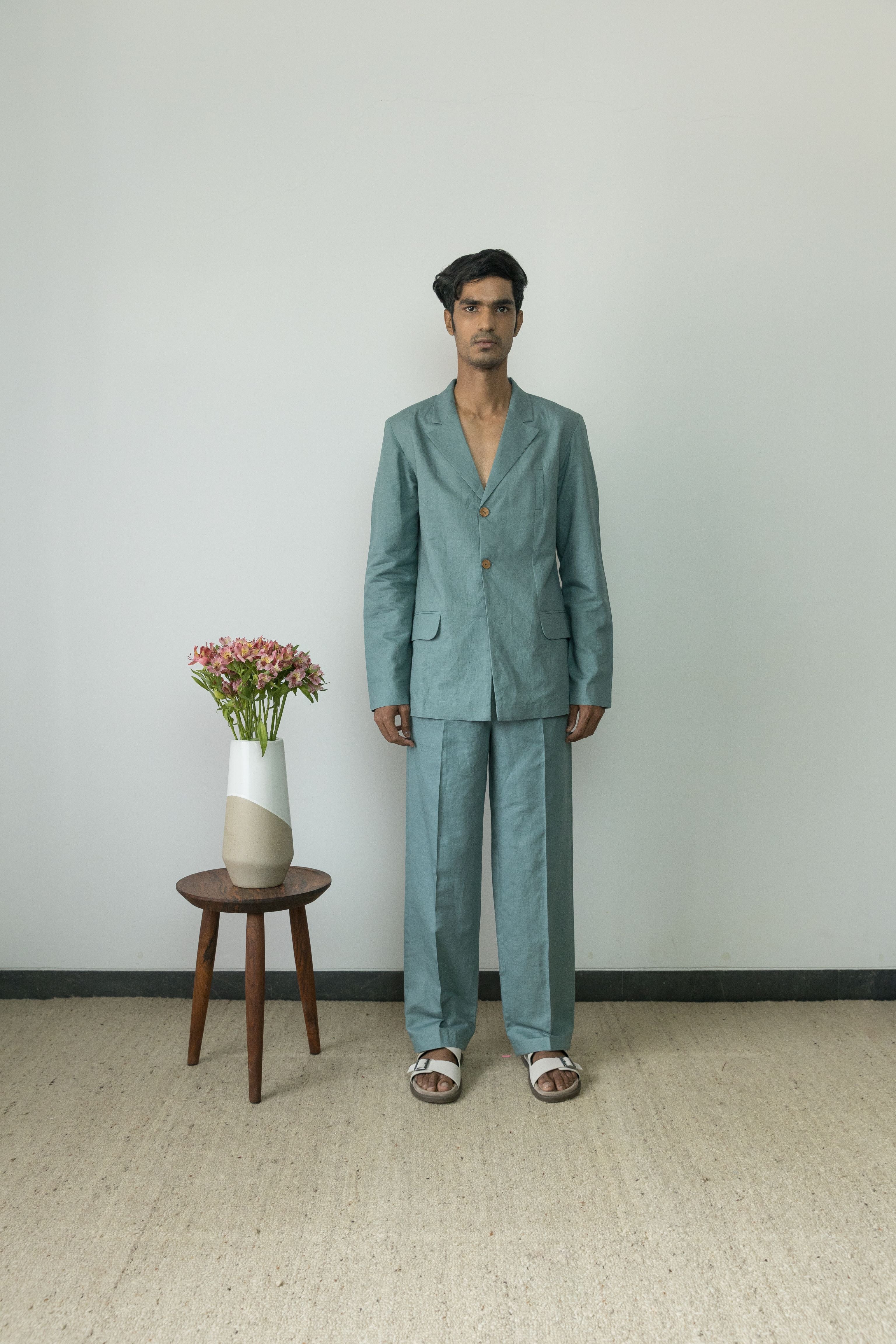 Blue Blazer by Anushé Pirani with Blazers, Blue, Casual Wear, Cotton, Cotton Hemp, Handwoven, Hemp, Menswear, Regular Fit, Shibumi Collection, Solids at Kamakhyaa for sustainable fashion