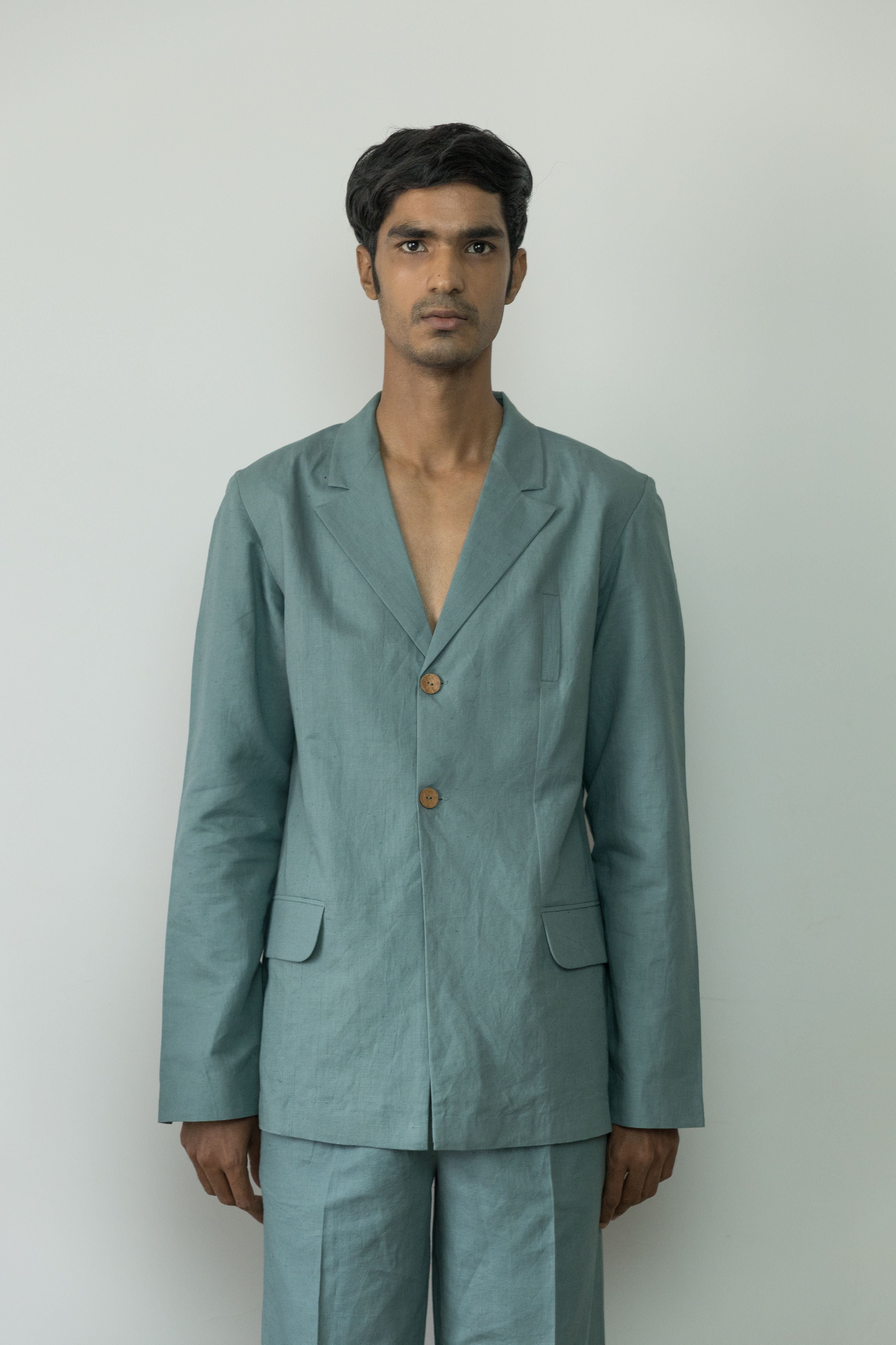 Blue Blazer by Anushé Pirani with Blazers, Blue, Casual Wear, Cotton, Cotton Hemp, Handwoven, Hemp, Menswear, Regular Fit, Shibumi Collection, Solids at Kamakhyaa for sustainable fashion