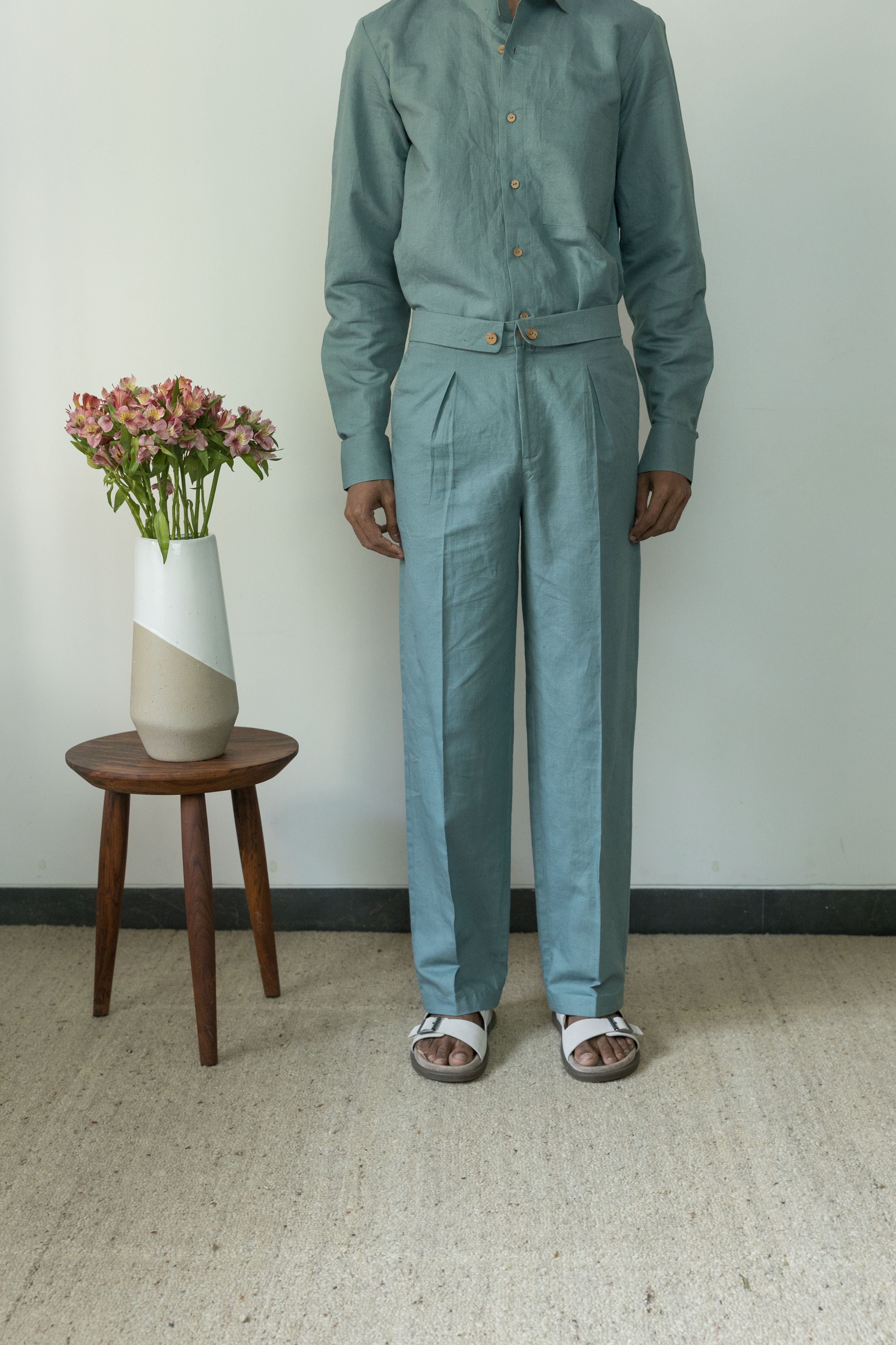 Blue Solid Cotton Pants by Anushé Pirani with Blue, Casual Wear, Cotton, Cotton Hemp, For Him, Handwoven, Hemp, Mens Bottom, Menswear, Pants, Regular Fit, Shibumi Collection, Solids at Kamakhyaa for sustainable fashion