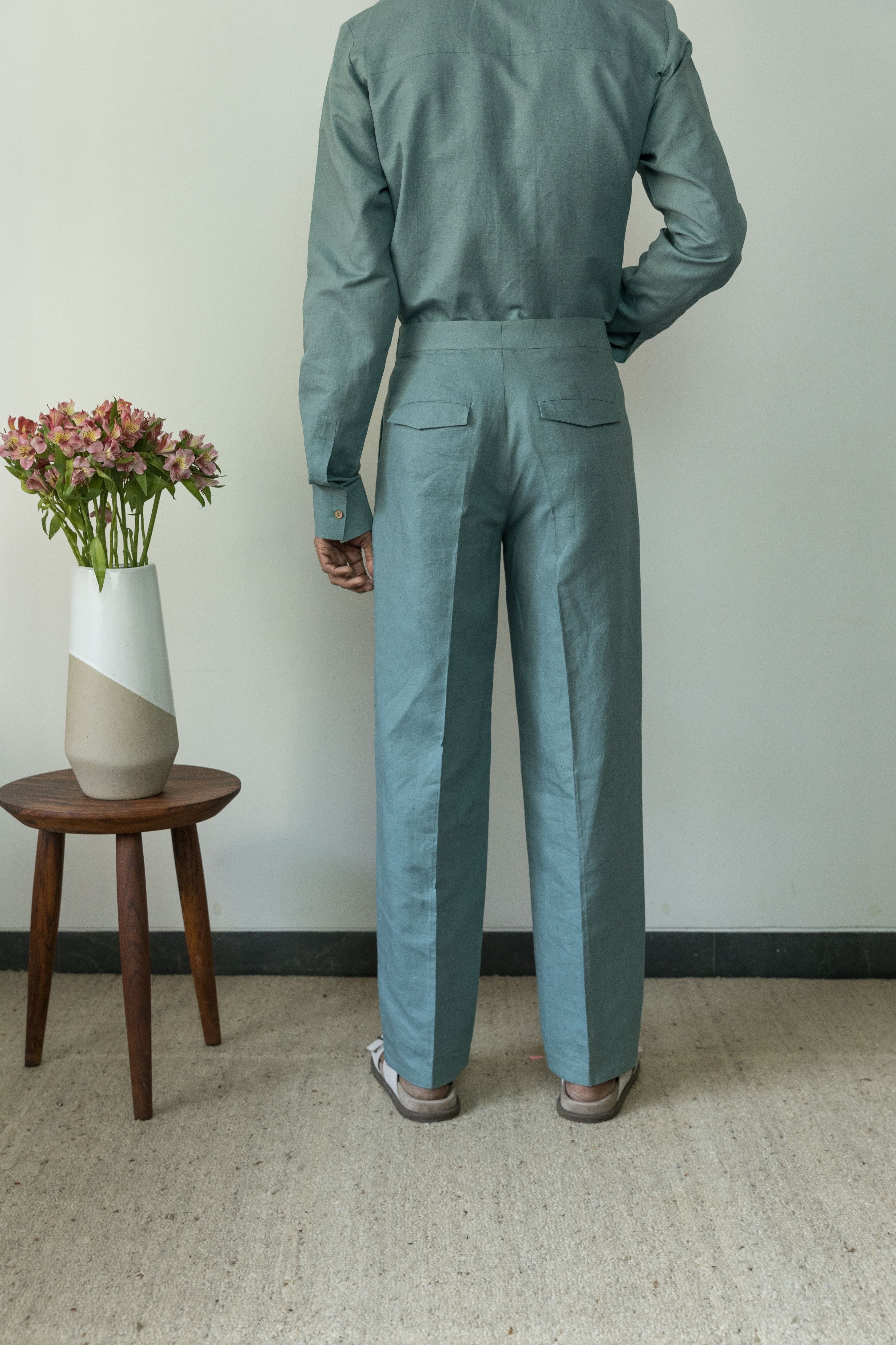 Blue Solid Cotton Pants by Anushé Pirani with Blue, Casual Wear, Cotton, Cotton Hemp, For Him, Handwoven, Hemp, Mens Bottom, Menswear, Pants, Regular Fit, Shibumi Collection, Solids at Kamakhyaa for sustainable fashion