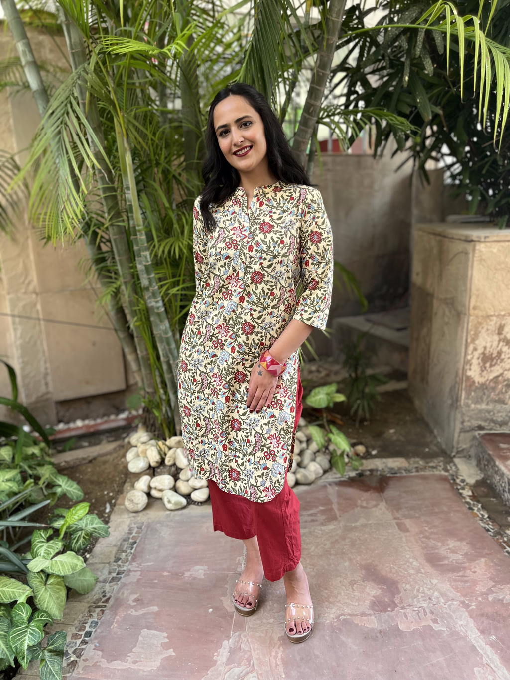 Yellow Kurta With Red Pants by Indian Wear with 100% pure cotton, Casual Wear, Indian Wear, KKYSS, Kurta Pant Sets, Natural, Prints, Regular Fit, Summer Sutra, Womenswear, Yellow at Kamakhyaa for sustainable fashion
