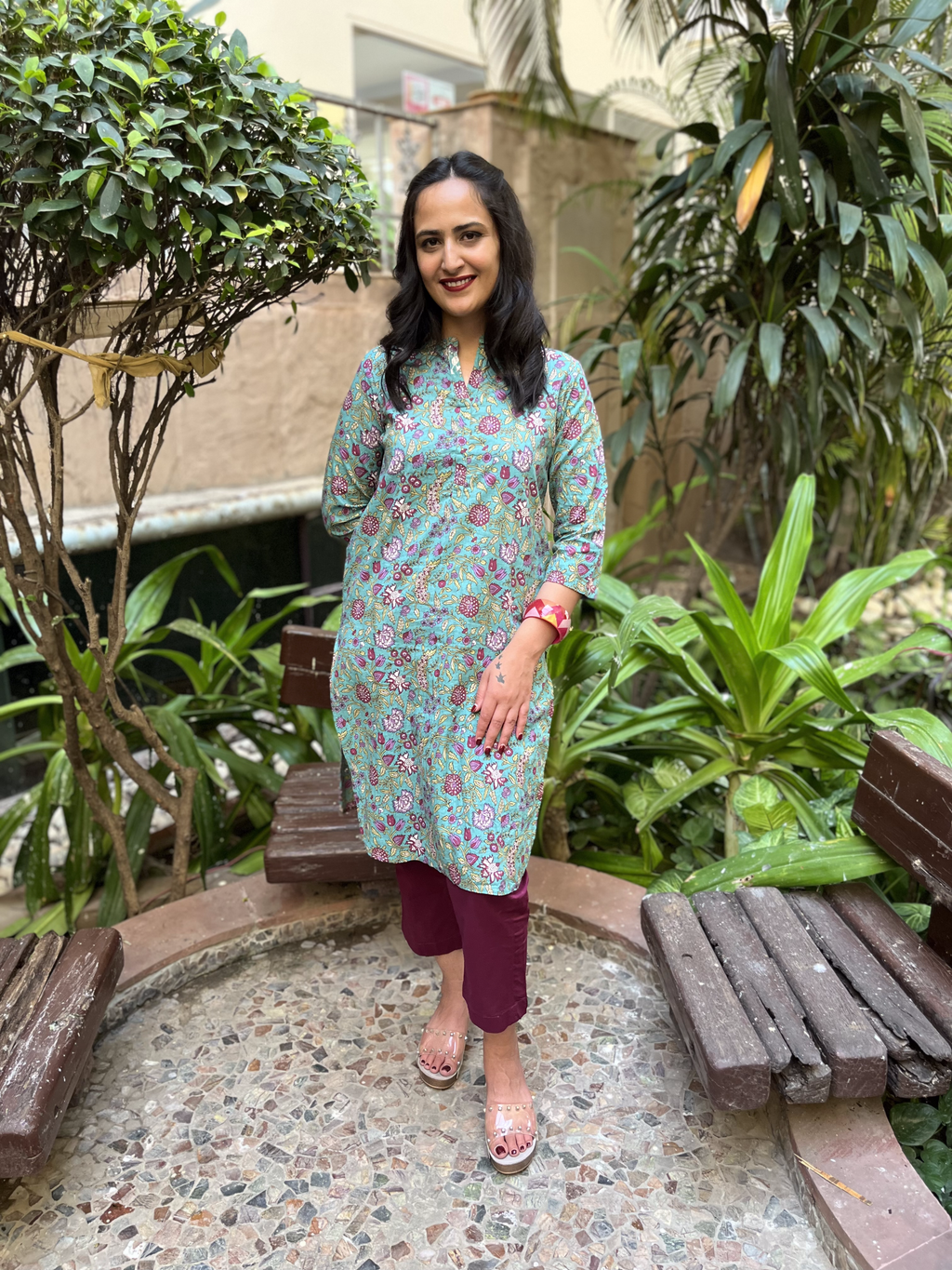 Green Kurta with Plum Pants by Indian Wear with 100% pure cotton, Casual Wear, Green, Indian Wear, KKYSS, Kurta Pant Sets, Natural, Prints, Regular Fit, Summer Sutra, Womenswear at Kamakhyaa for sustainable fashion