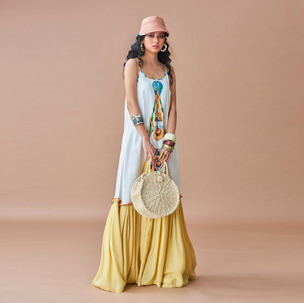 White Printed Maxi Dress by Dan Ba with Cotton, July Sale, July Sale 2023, Maxi Dresses, Natural, Prints, Relaxed Fit, Resort Wear, Sleeveless Dresses, Strap Dresses, White, Womenswear at Kamakhyaa for sustainable fashion