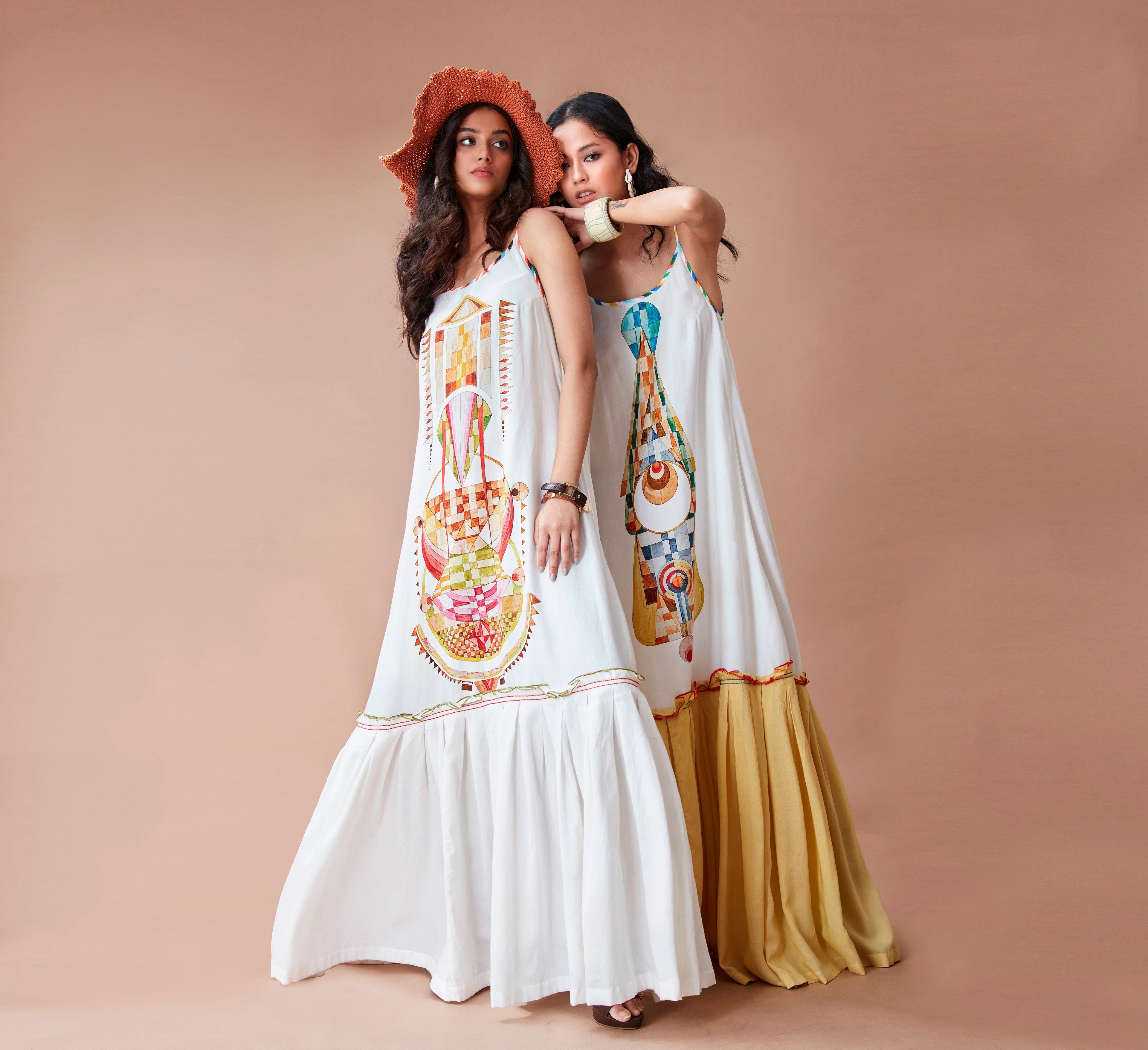 White Printed Maxi Dress by Dan Ba with Cotton, July Sale, July Sale 2023, Maxi Dresses, Natural, Prints, Relaxed Fit, Resort Wear, Sleeveless Dresses, Strap Dresses, White, Womenswear at Kamakhyaa for sustainable fashion