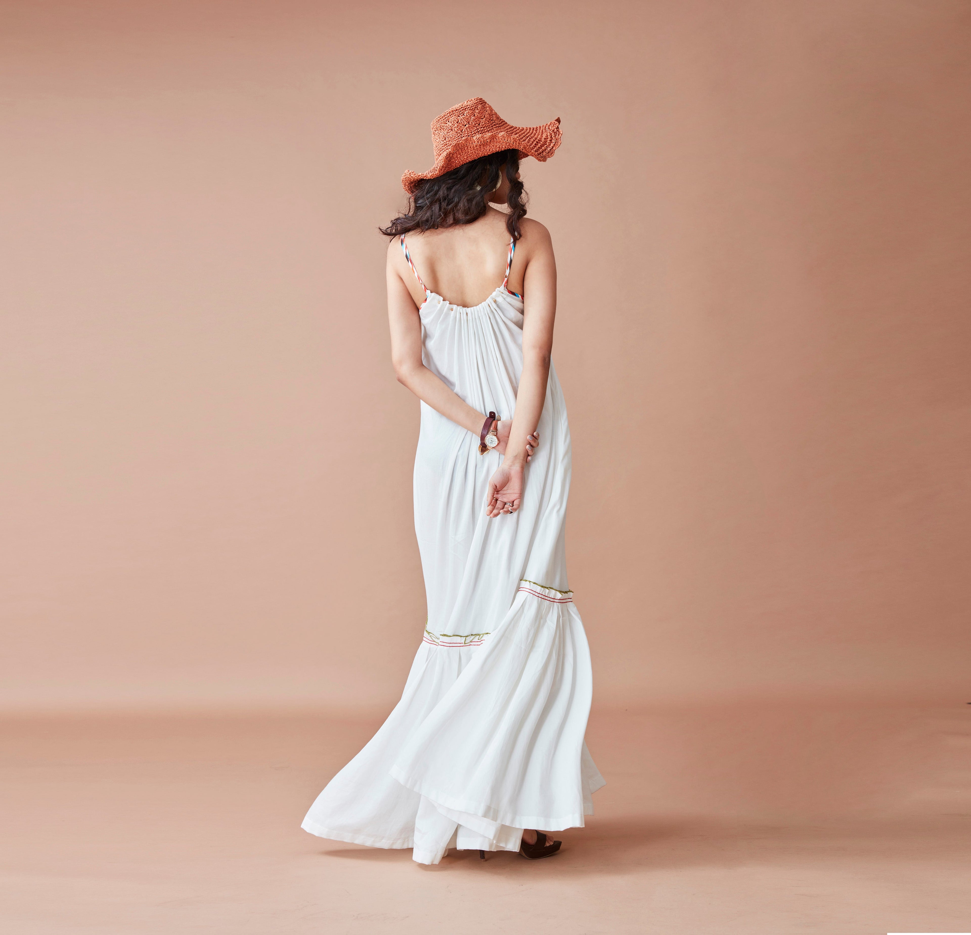 White Cotton Maxi Dress by Dan Ba with Cotton, July Sale, July Sale 2023, Maxi Dresses, Natural, Prints, Relaxed Fit, Resort Wear, Sleeveless Dresses, White, Womenswear at Kamakhyaa for sustainable fashion