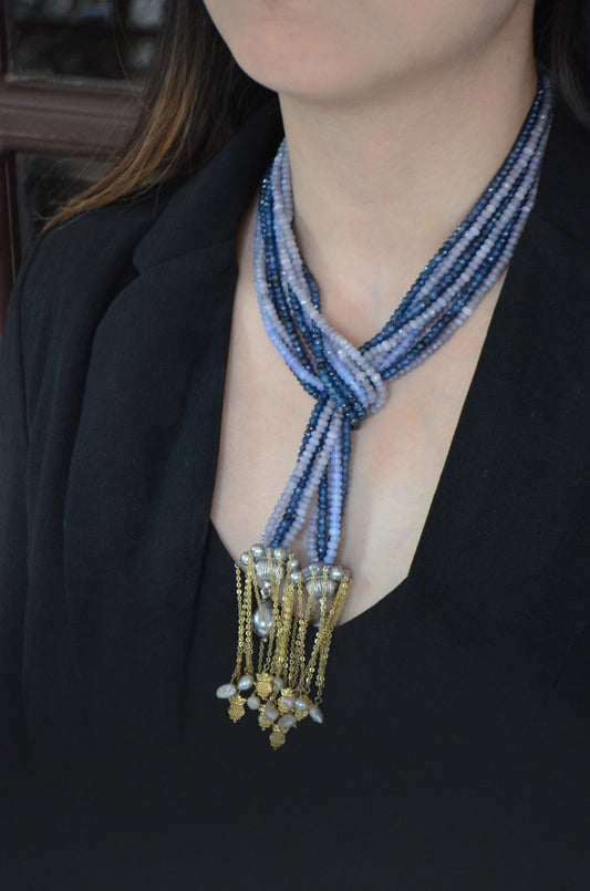 Blue Necklace Azura tassel Jades by House Of Heer with Alloy Metal, Beaded Jewellery, Blue, Festive Jewellery, Festive Wear, Free Size, jewelry, July Sale, July Sale 2023, Natural, Necklaces, Solids at Kamakhyaa for sustainable fashion