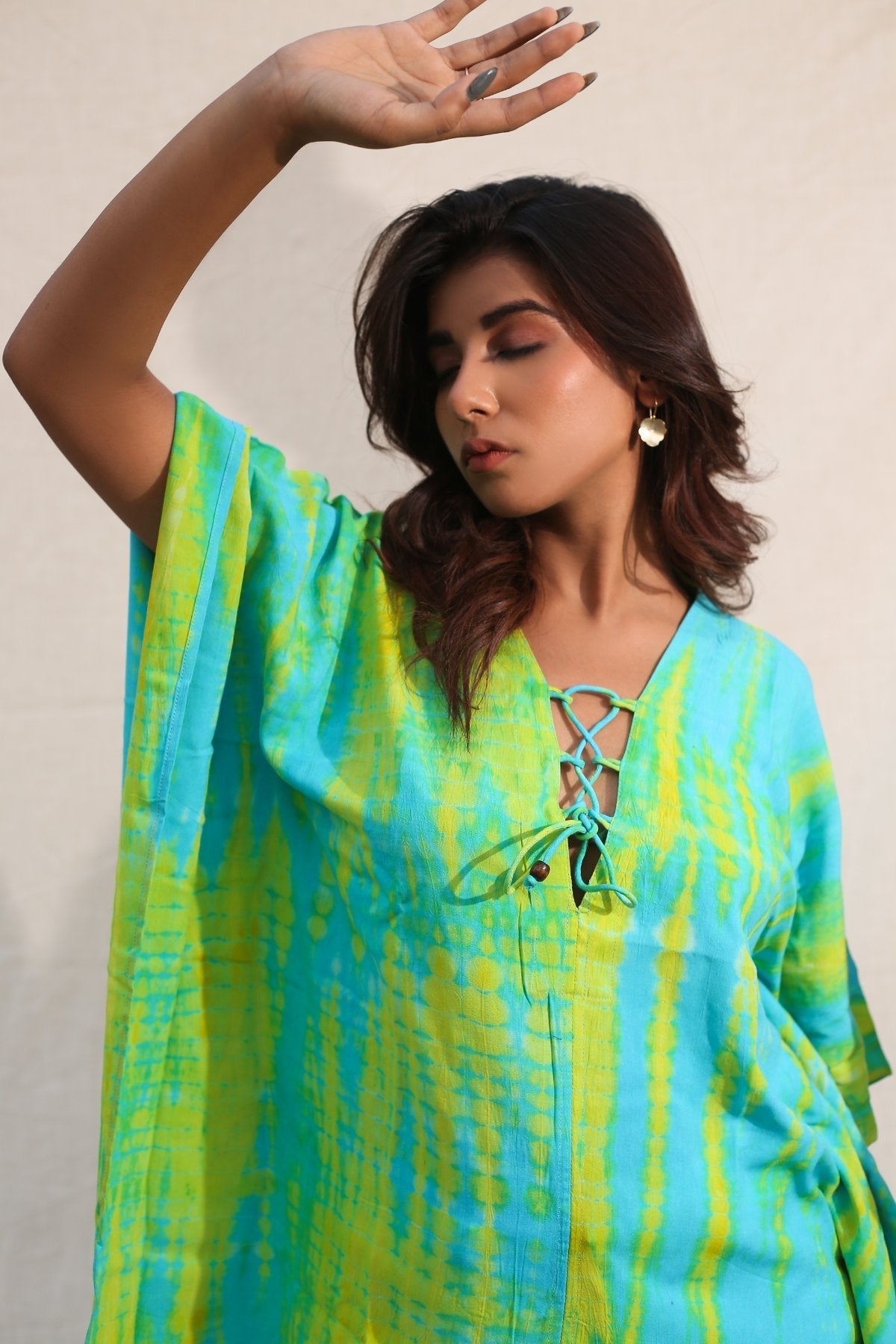Turquoise And Lime Green Kaftan by Keva with Blue, Day Dream, Green, Kaftan Dresses, Kaftans, Mini Dresses, Natural, Rayon, Relaxed Fit, Resort Wear, Tie & Dye, Tops, Womenswear at Kamakhyaa for sustainable fashion